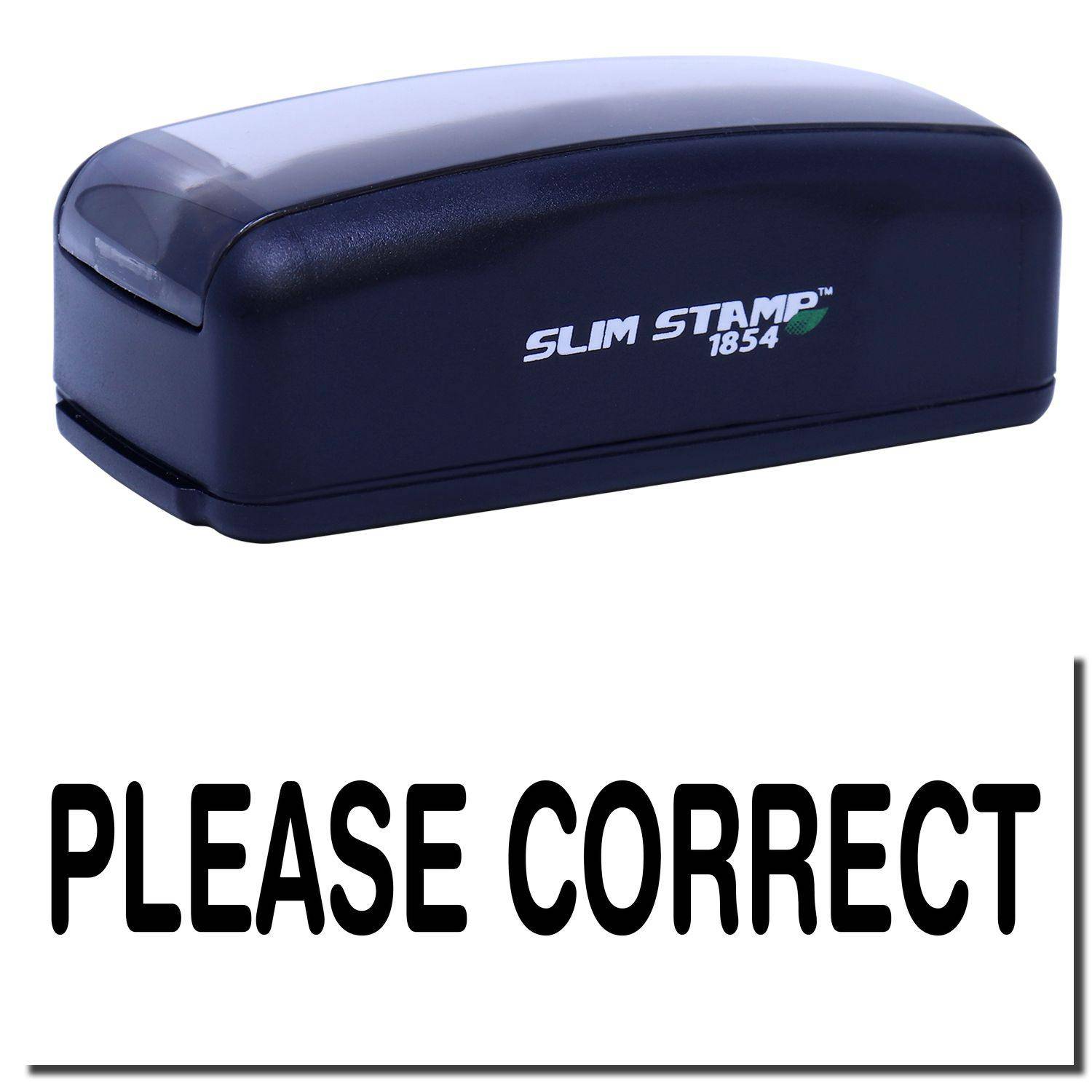 Large Pre-Inked Please Correct Stamp in black with PLEASE CORRECT text imprint, shown with a sleek, compact design.