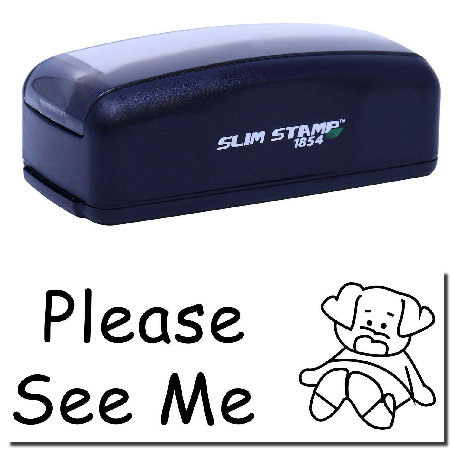 Large Pre-Inked Please See Me Stamp with black casing and Please See Me text in bold, featuring a small cartoon character.