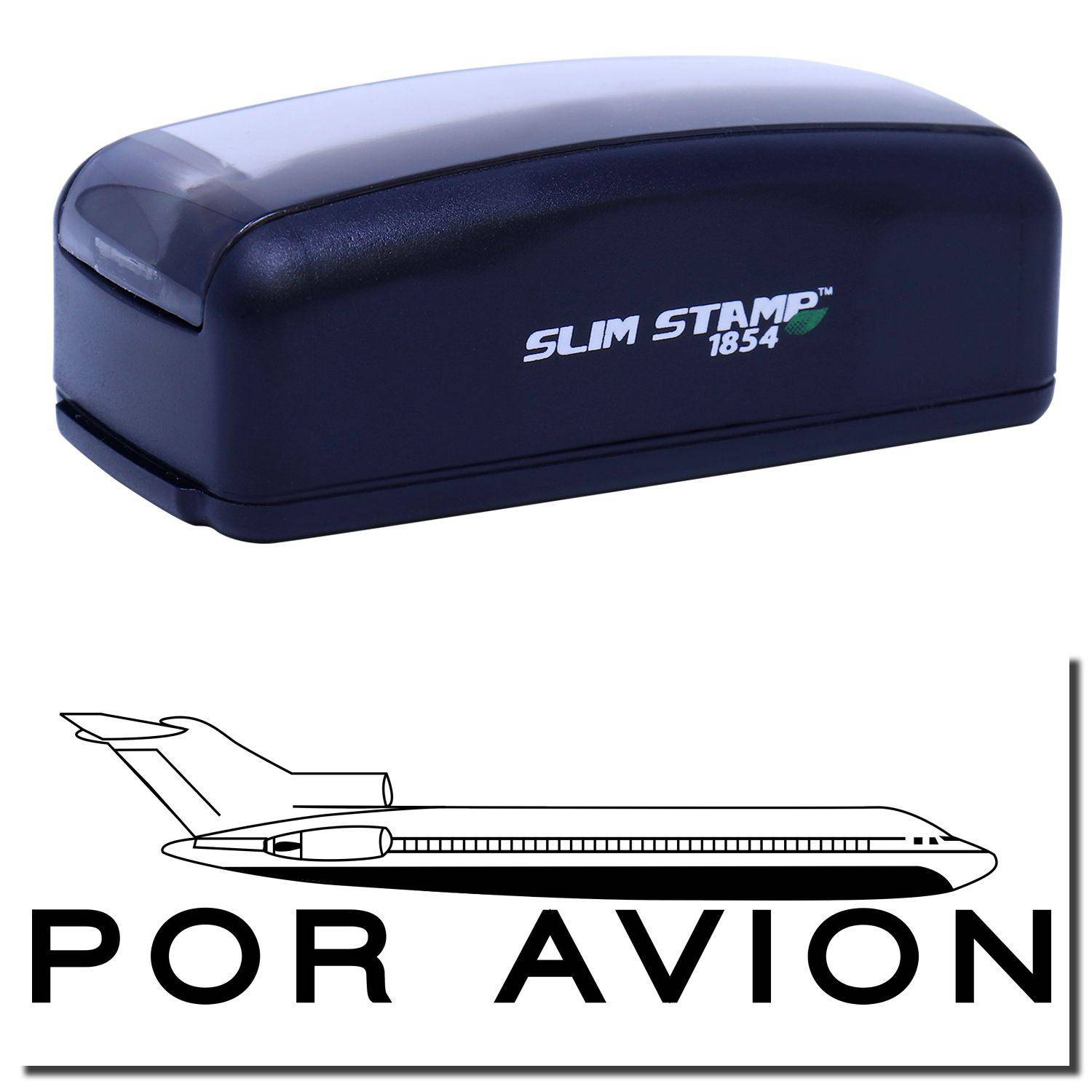 Large Pre-Inked Por Avion Stamp in black with a sleek design, featuring an airplane graphic and POR AVION text below.