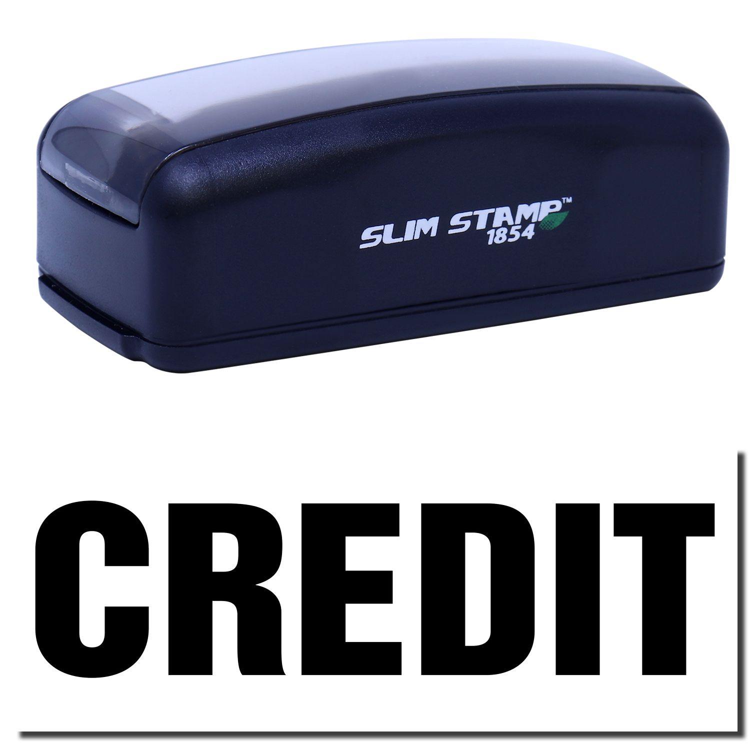 A stock office pre-inked stamp with a stamped image showing how the text "CREDIT" in a large font is displayed after stamping.