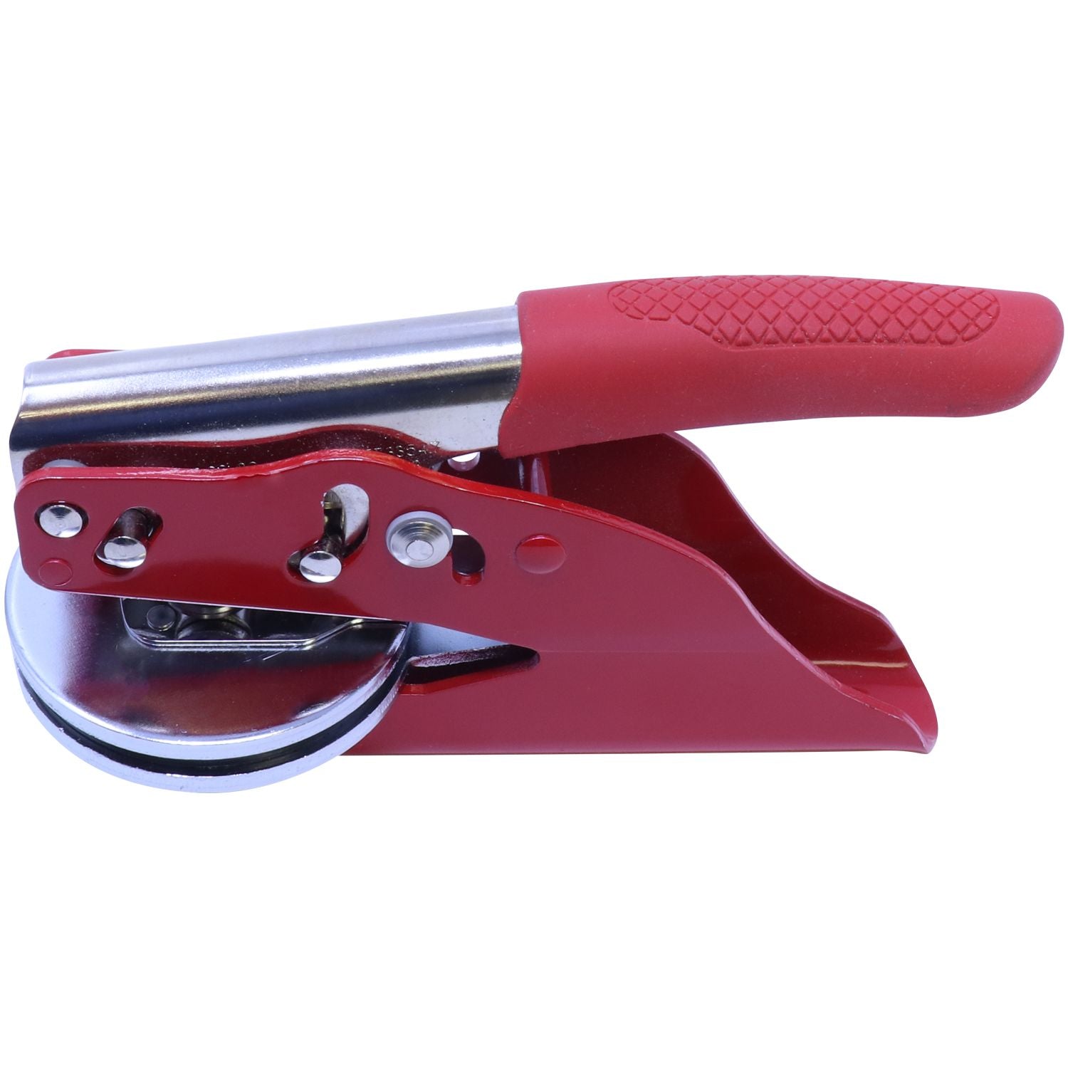 Red Soft Seal Notary Embosser with a red handle and metal components, designed for creating embossed imprints, shown in a side view.