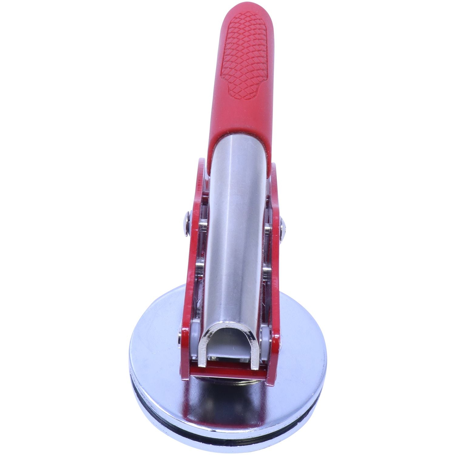 Red Soft Seal Notary Embosser with a red handle and metal base, shown from a front-angled top view, designed for creating embossed imprints.