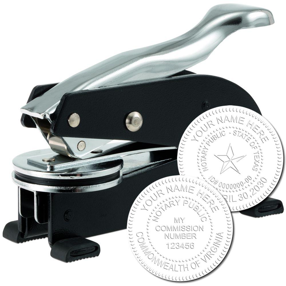 Long Reach Notary Seal Embosser with a sleek metal handle and two sample embossed seals showing detailed notary information.