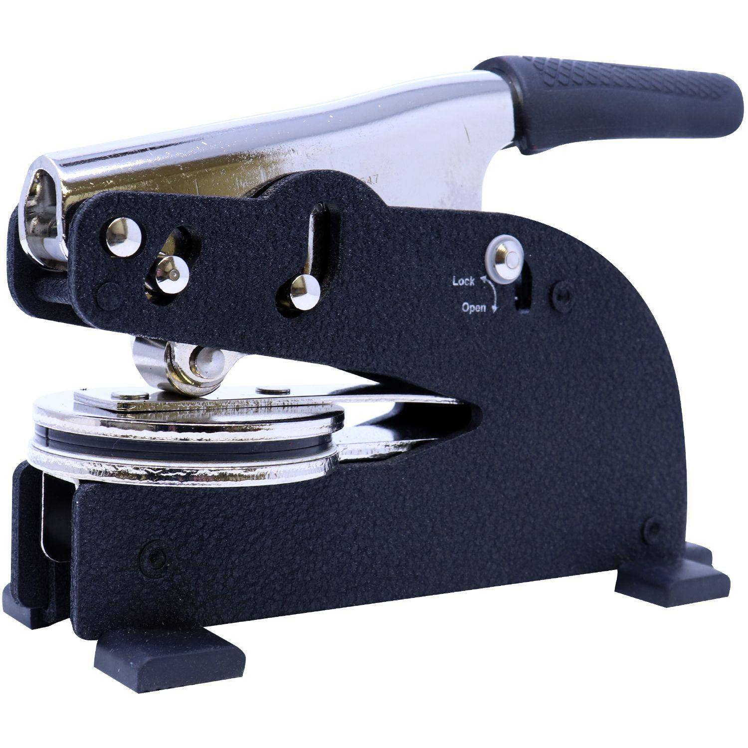 Architect Long Reach Desk Seal Embosser with a black and silver design, featuring a sturdy handle and a locking mechanism, designed for creating embossed seals on documents.
