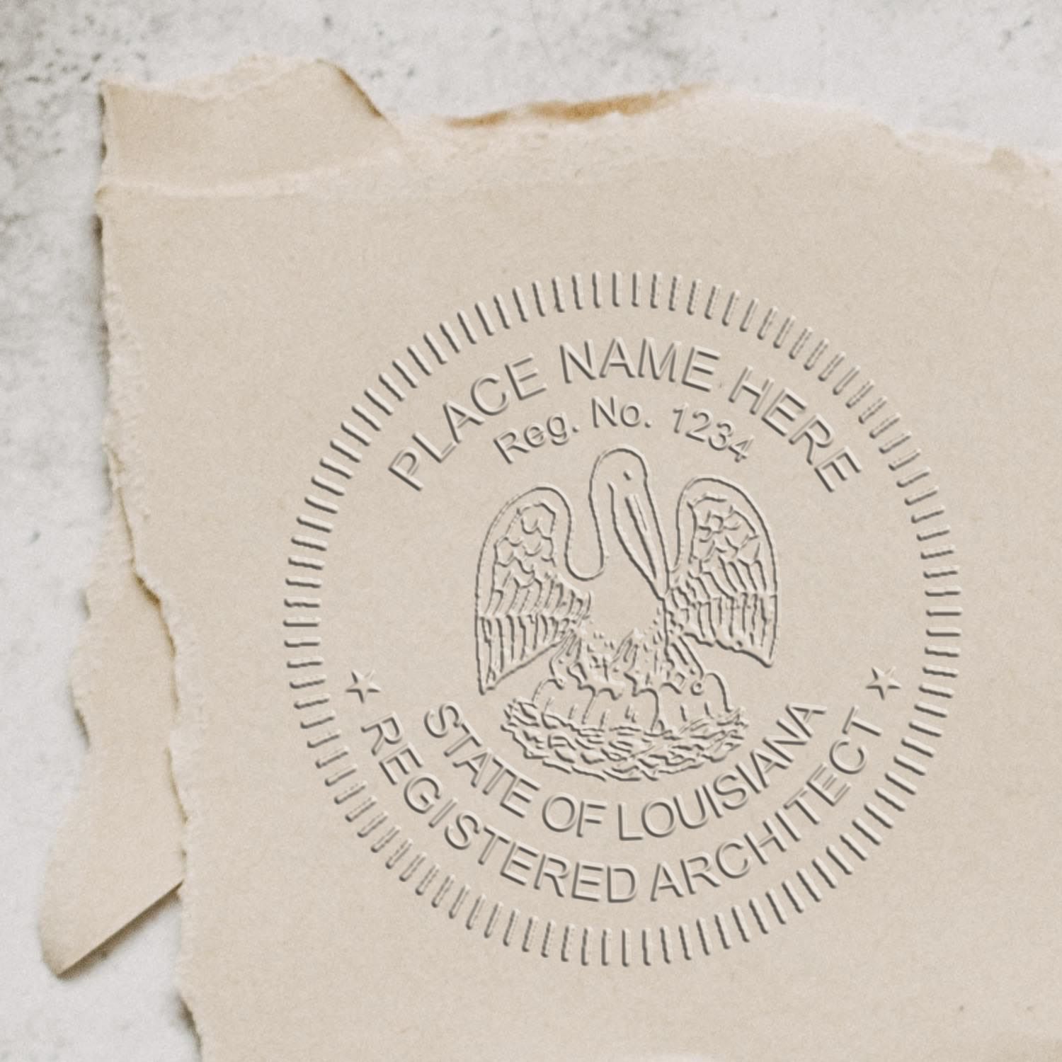 A lifestyle photo showing a stamped image of the Handheld Louisiana Architect Seal Embosser on a piece of paper