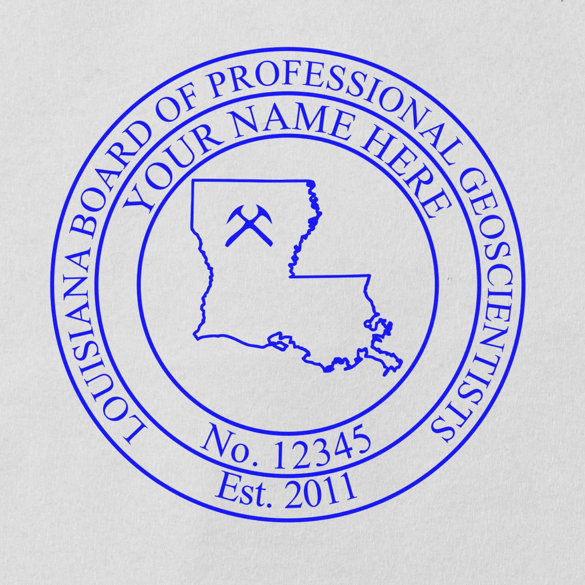 An alternative view of the Slim Pre-Inked Louisiana Professional Geologist Seal Stamp stamped on a sheet of paper showing the image in use