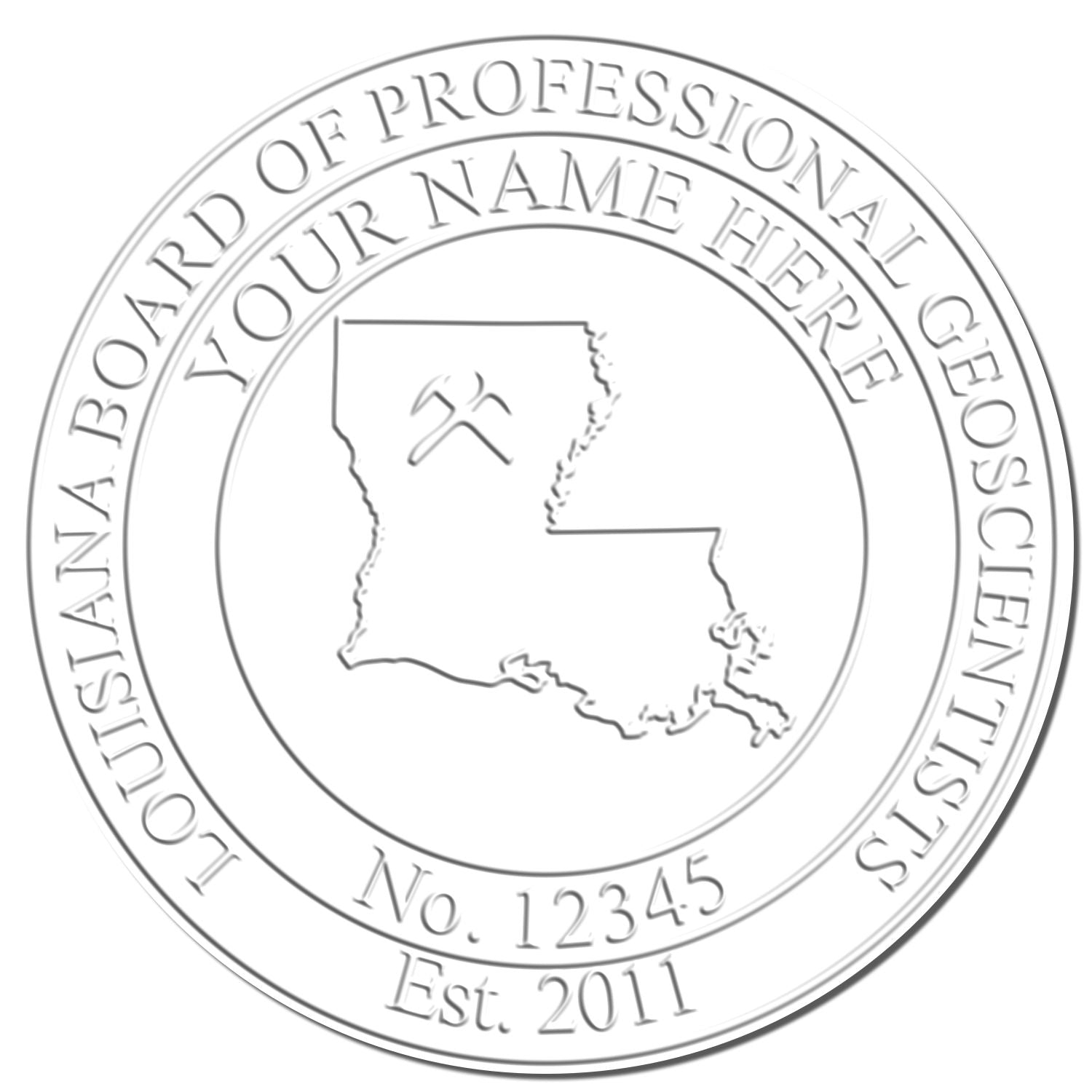 An in use photo of the Heavy Duty Cast Iron Louisiana Geologist Seal Embosser showing a sample imprint on a cardstock