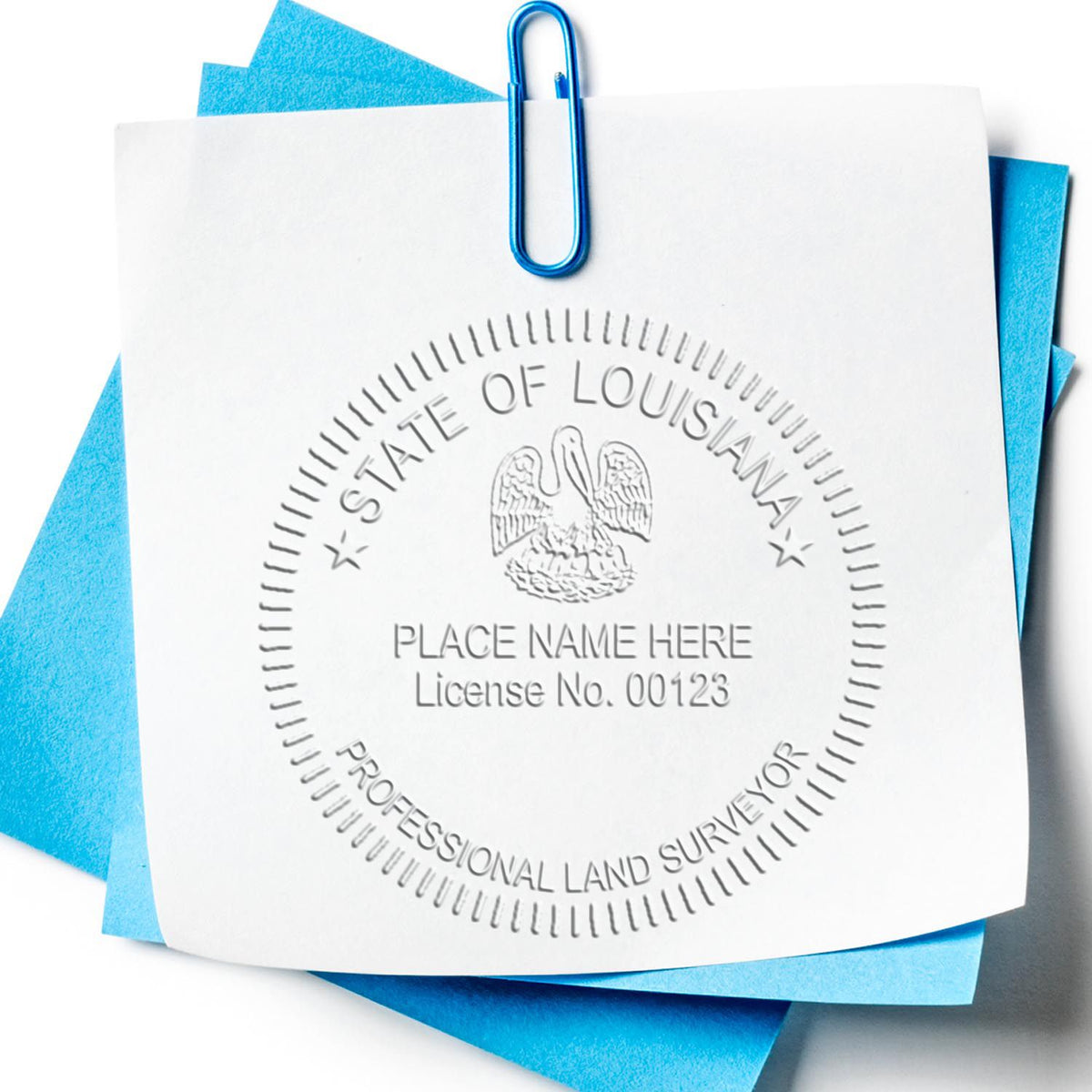 A lifestyle photo showing a stamped image of the State of Louisiana Soft Land Surveyor Embossing Seal on a piece of paper