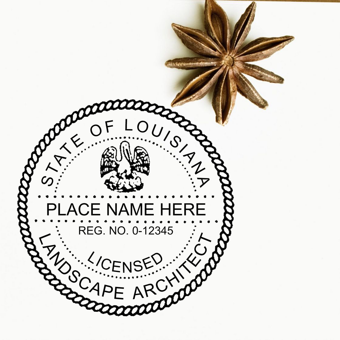 A photograph of the Self-Inking Louisiana Landscape Architect Stamp stamp impression reveals a vivid, professional image of the on paper.