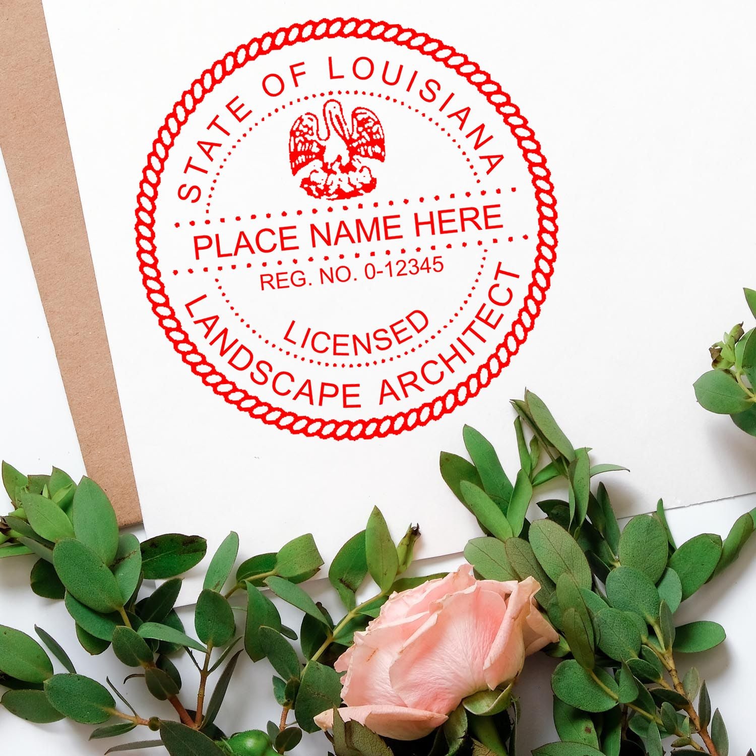 An alternative view of the Premium MaxLight Pre-Inked Louisiana Landscape Architectural Stamp stamped on a sheet of paper showing the image in use