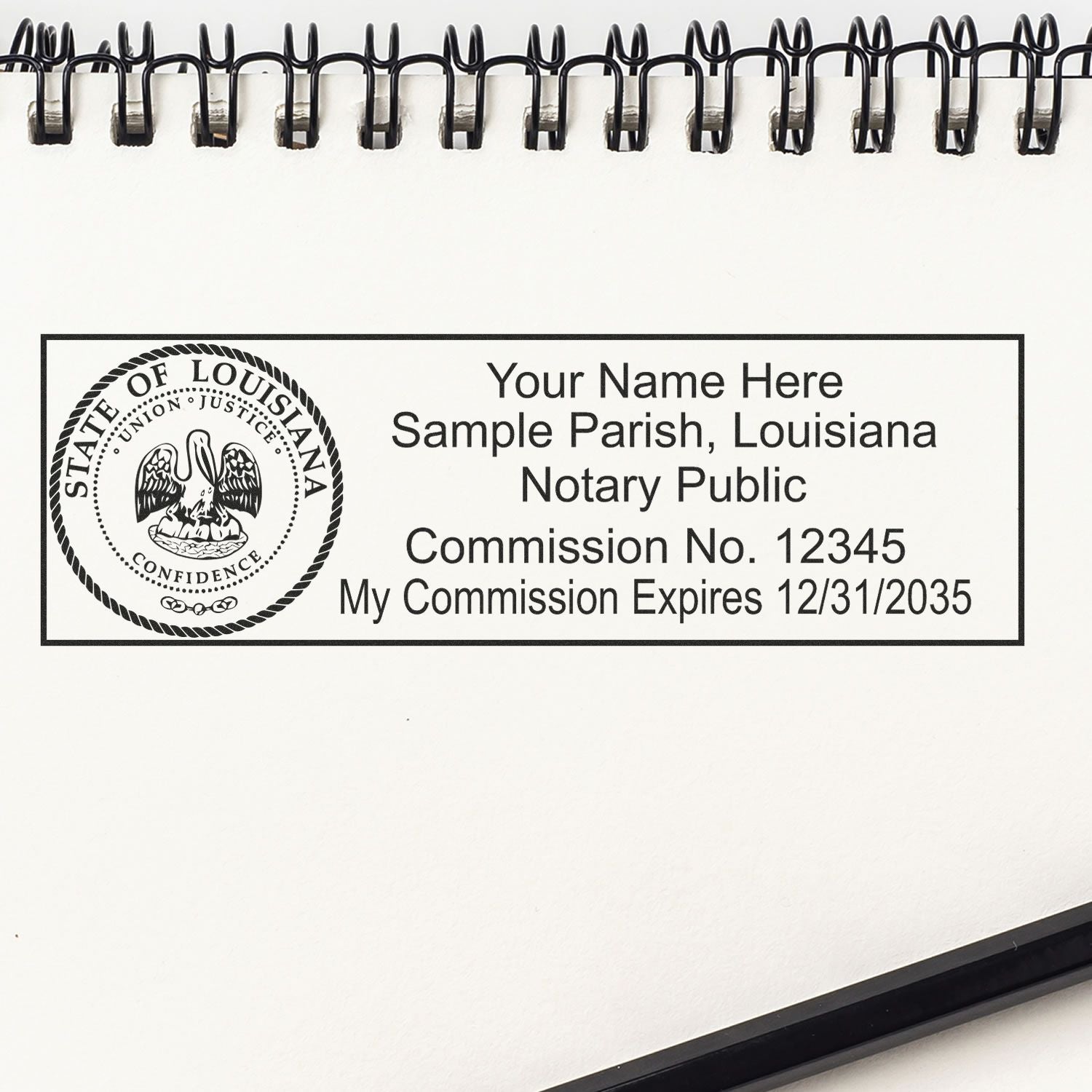 A photograph of the Louisiana Rectangular Digital Notary Seal stamp impression reveals a vivid, professional image of the on paper.