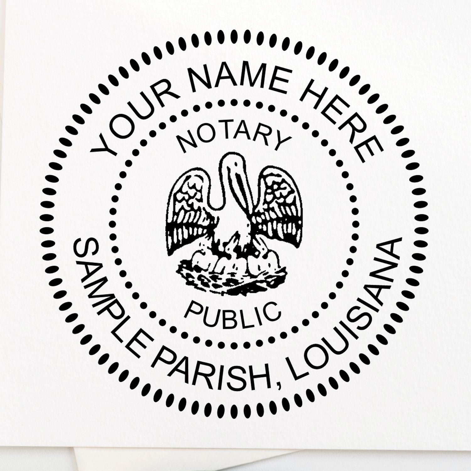 The Louisiana Round Electronic Notary Stamp stamp impression comes to life with a crisp, detailed photo on paper - showcasing true professional quality.