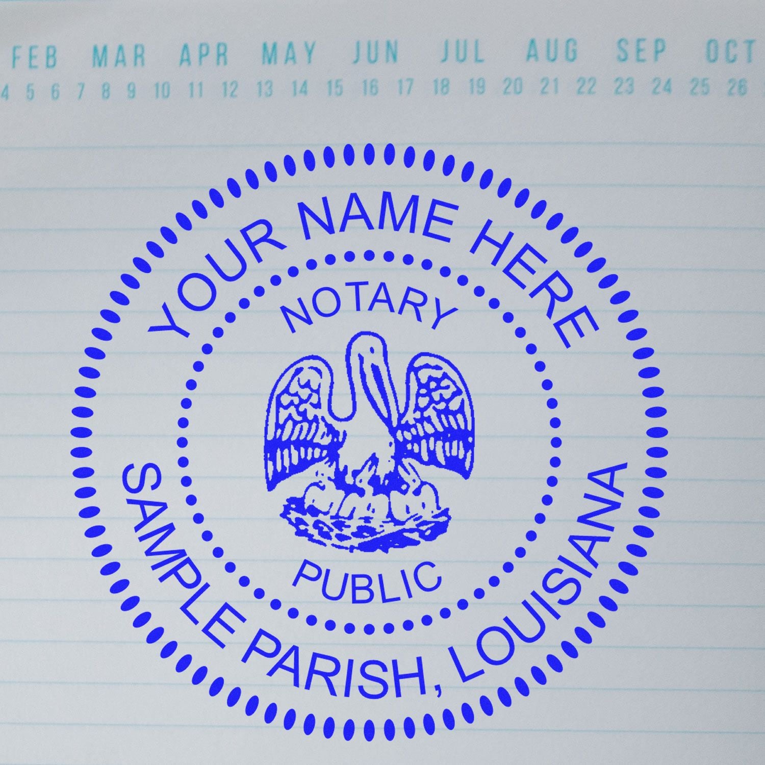 An alternative view of the Heavy-Duty Round Louisiana Notary Stamp stamped on a sheet of paper showing the image in use