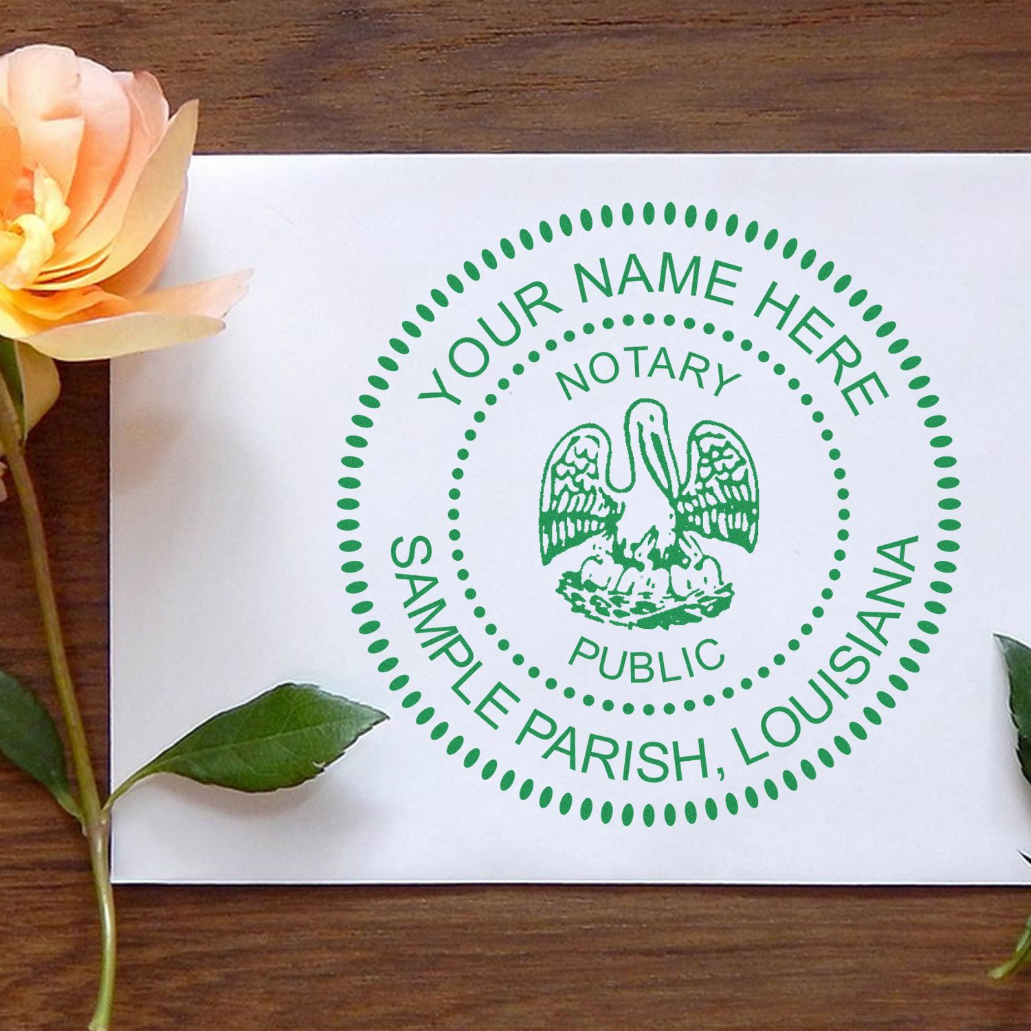 A photograph of the Louisiana Round Electronic Notary Stamp stamp impression reveals a vivid, professional image of the on paper.