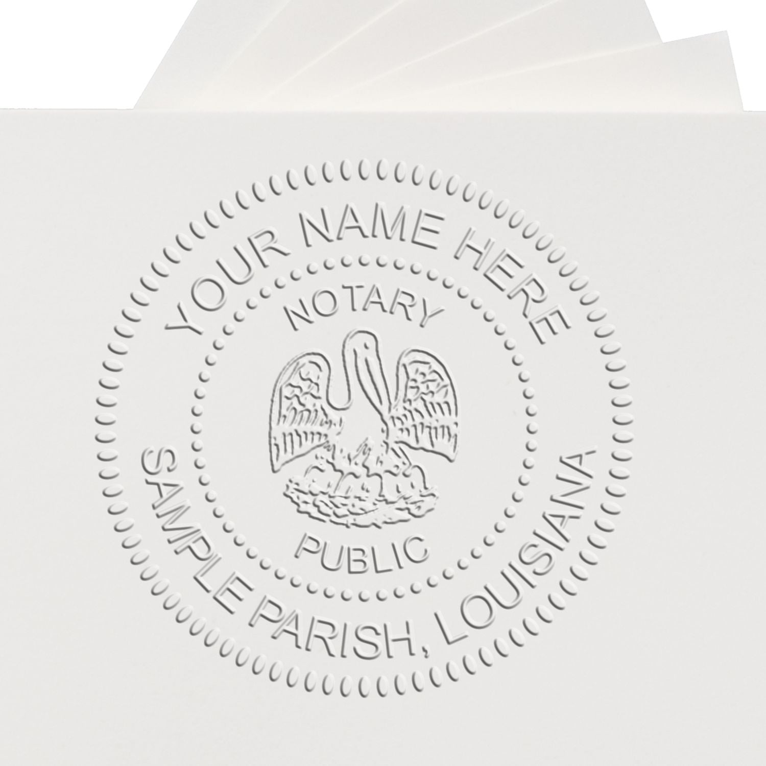 A stamped impression of the Louisiana Handheld Notary Seal Embosser in this stylish lifestyle photo, setting the tone for a unique and personalized product.