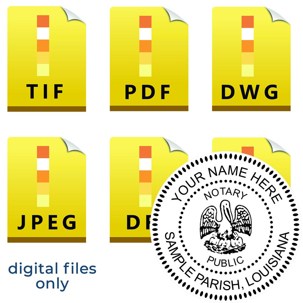The main image for the Louisiana Round Electronic Notary Stamp depicting a sample of the imprint and electronic files