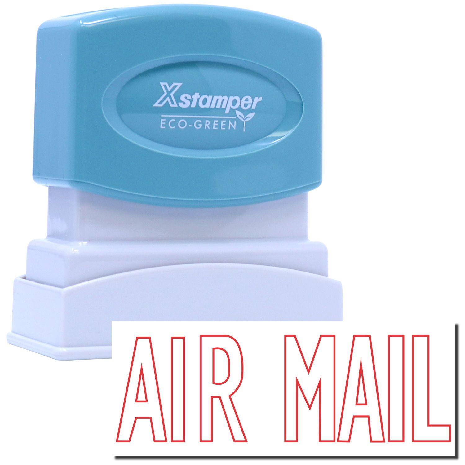 Air Mail Xstamper Stamp with a blue top and white base, featuring the text AIR MAIL in red. Eco-friendly design.