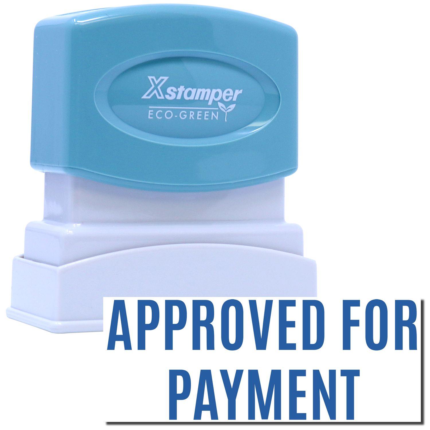 Approved For Payment Xstamper Stamp with a blue handle and white base, featuring the text APPROVED FOR PAYMENT in bold blue letters.