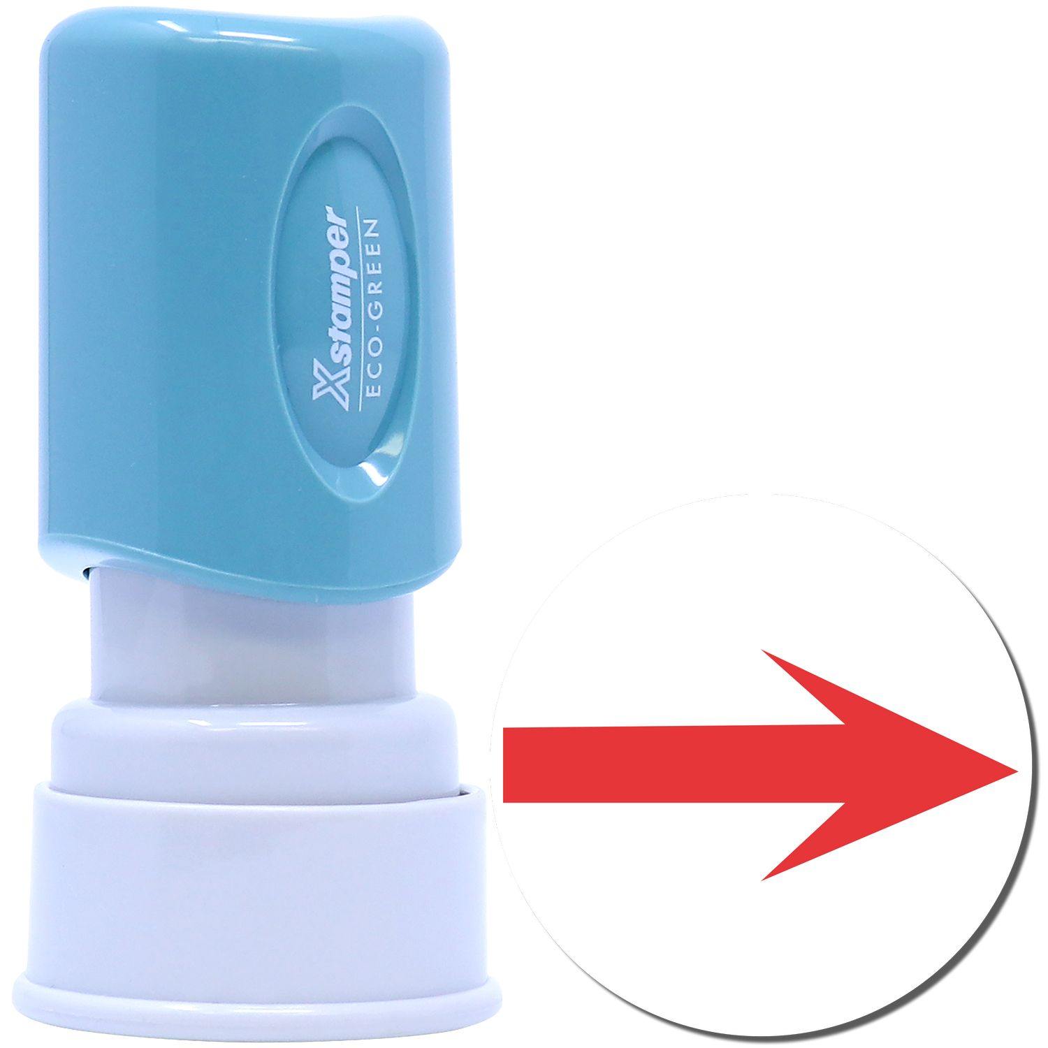 Round Arrow Xstamper Stamp with a blue handle and white base, featuring a red arrow pointing right on a white circular background.