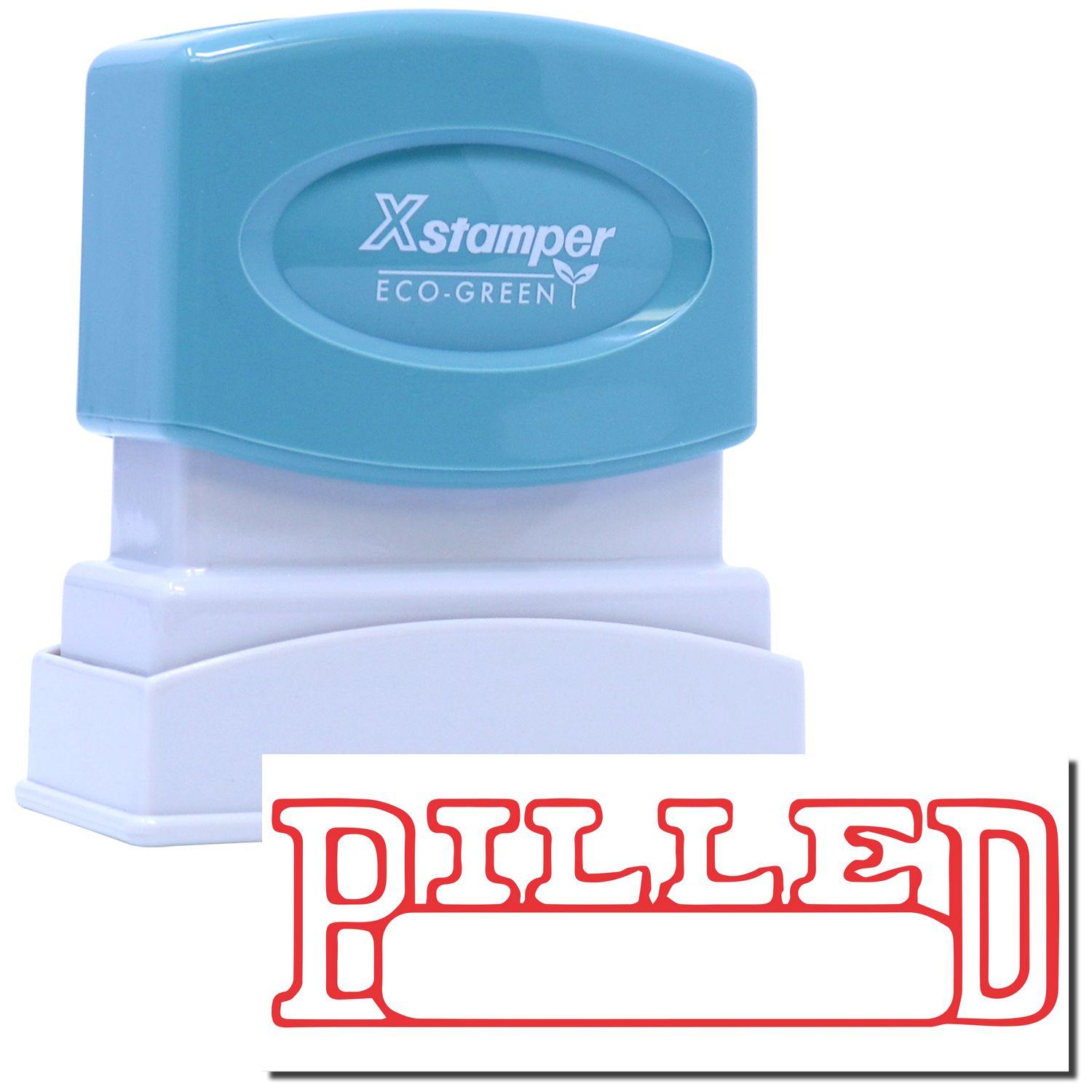 Billed Xstamper Stamp in teal and white with BILLED text in red. Eco-friendly design.