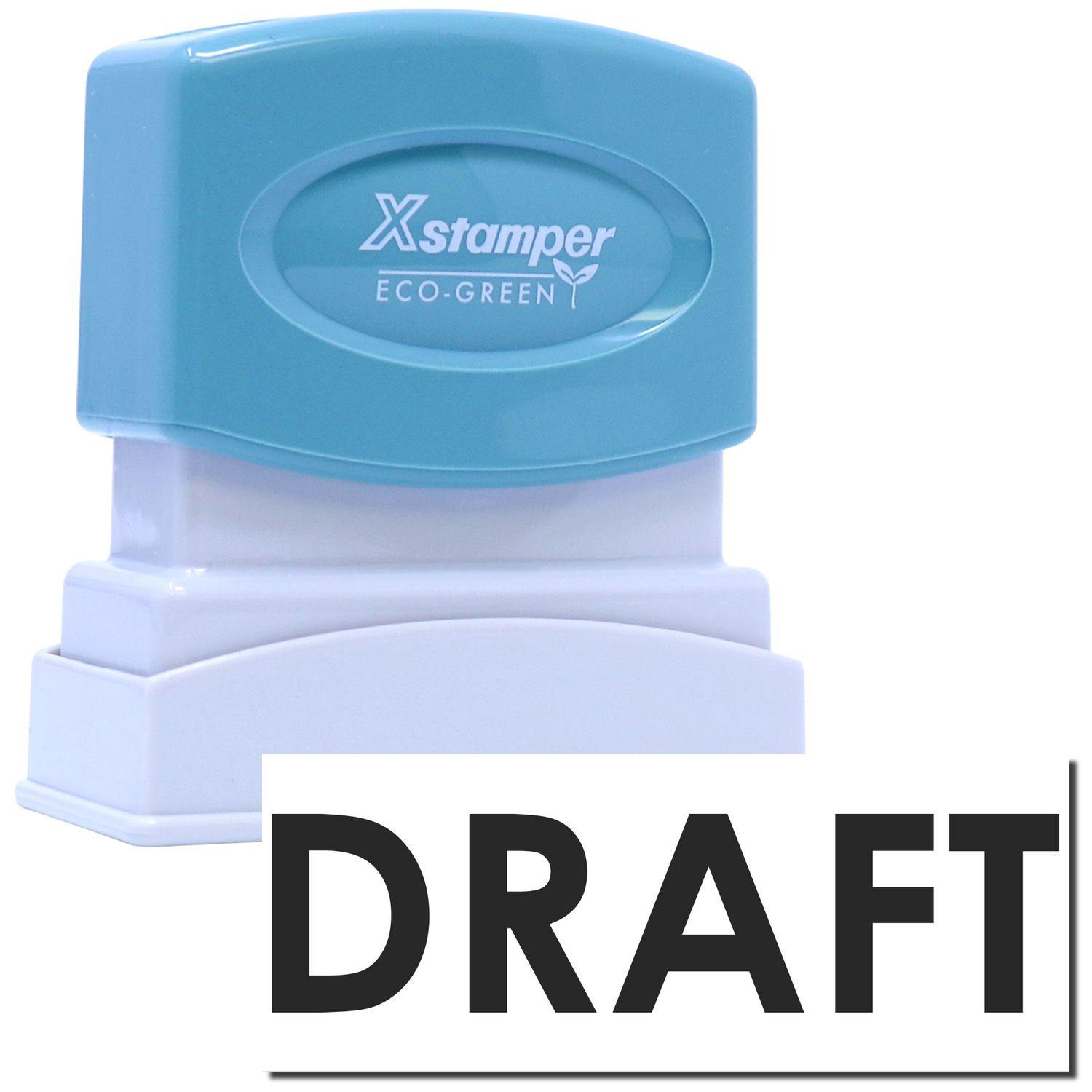 Black Draft Xstamper Stamp with a blue handle and white base, featuring the word DRAFT in bold black letters on a white background.