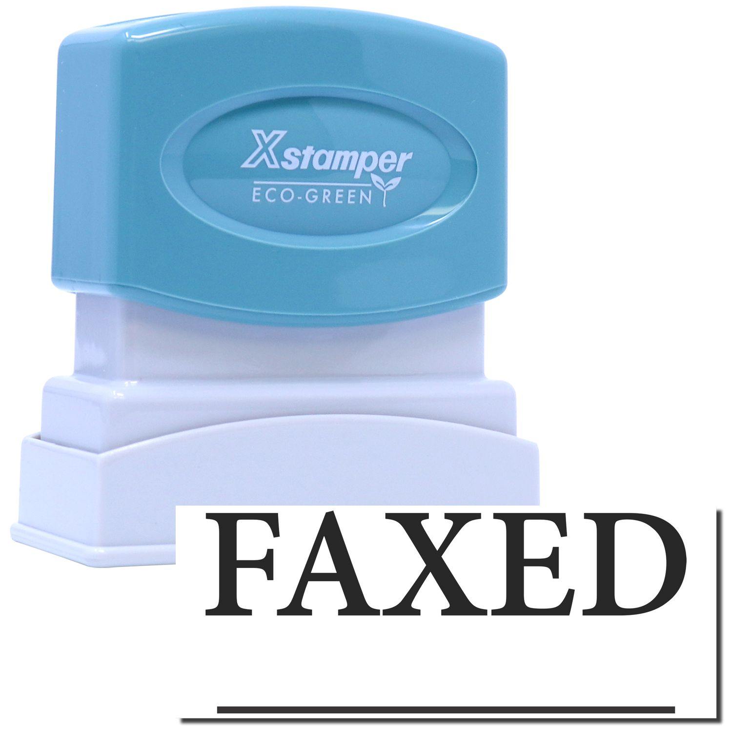 Blue and white Black Faxed Xstamper Stamp with FAXED text imprint shown below the stamp.