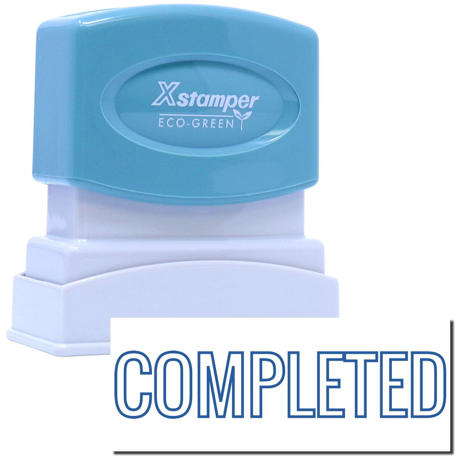 Blue Completed Xstamper Stamp with COMPLETED text, featuring a blue top and white base, ideal for marking documents as completed.