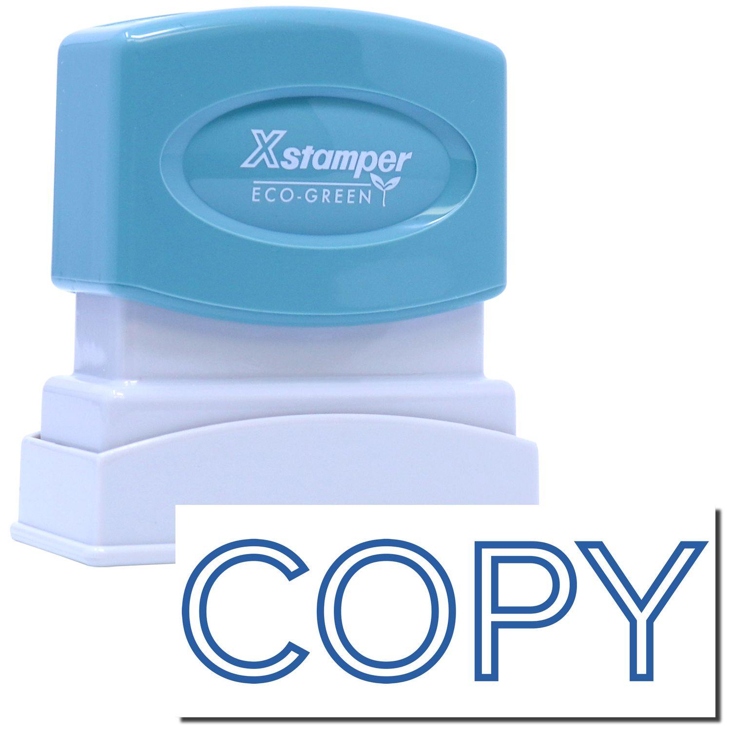 Blue Copy Xstamper Stamp with a blue top and white base, featuring the word COPY in bold blue letters at the bottom.