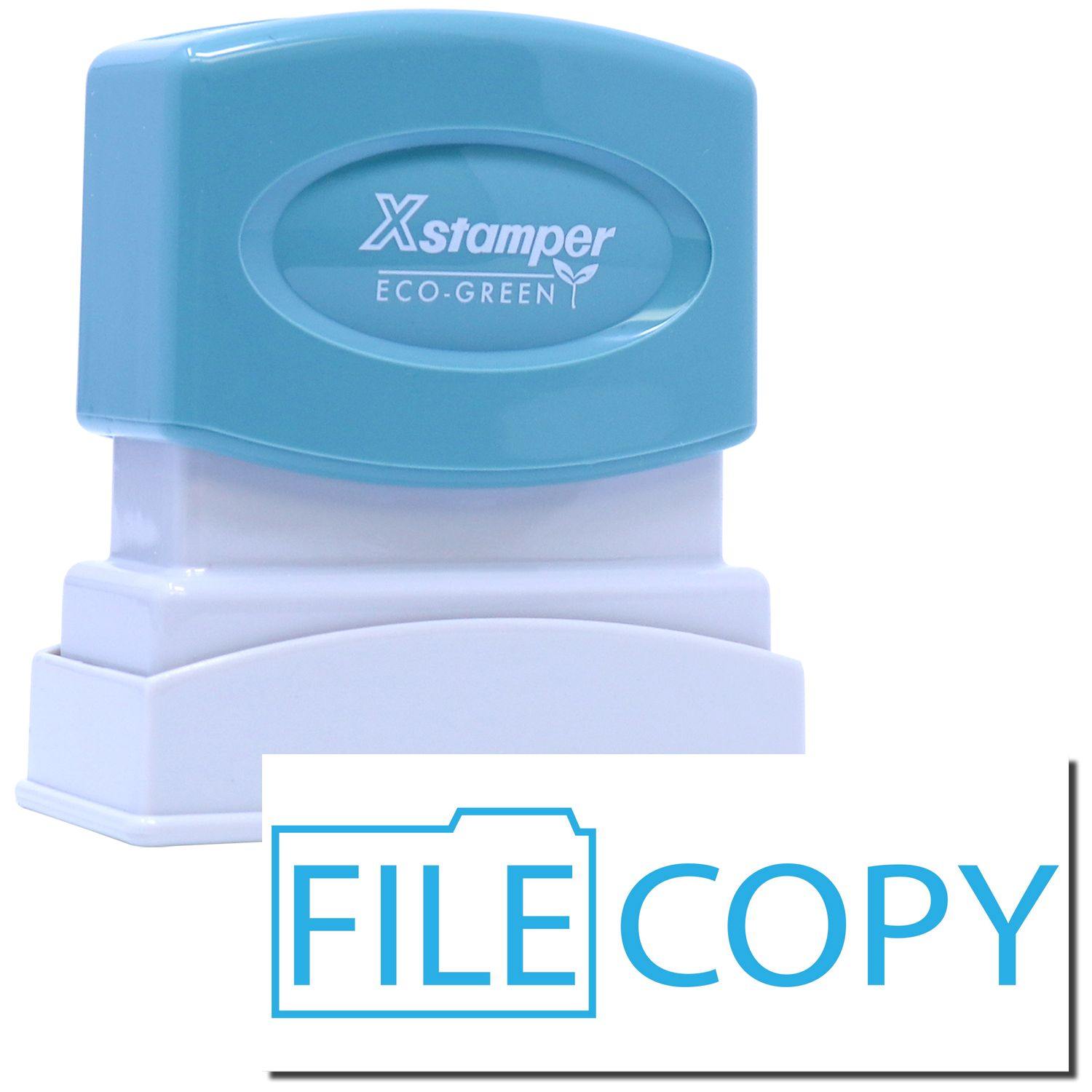 Blue File Copy Xstamper Stamp with a blue top and white base, featuring the text FILE COPY in blue on a white background.