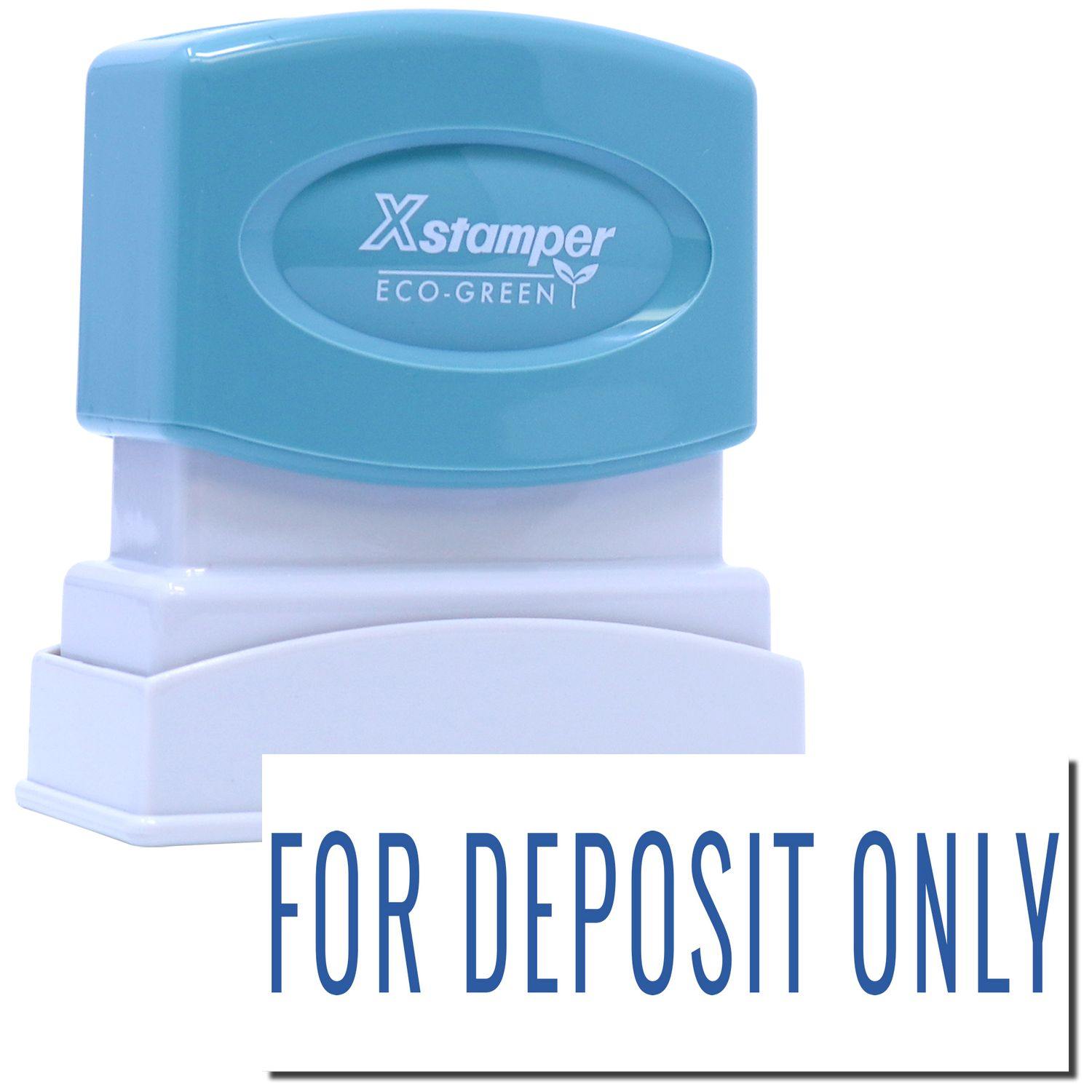 Blue For Deposit Only Xstamper Stamp with a blue top and white base, featuring the text FOR DEPOSIT ONLY in blue letters.