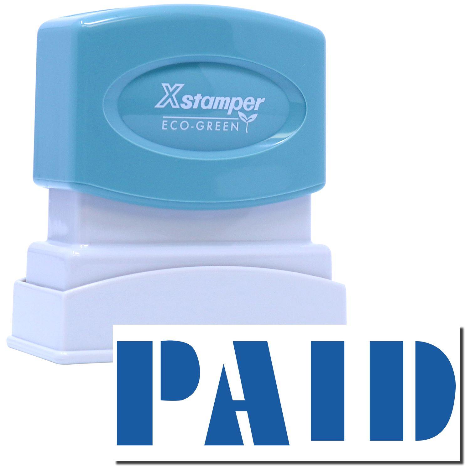Blue Paid Xstamper Stamp with PAID imprint in blue, featuring a teal top and white base, ideal for office use.