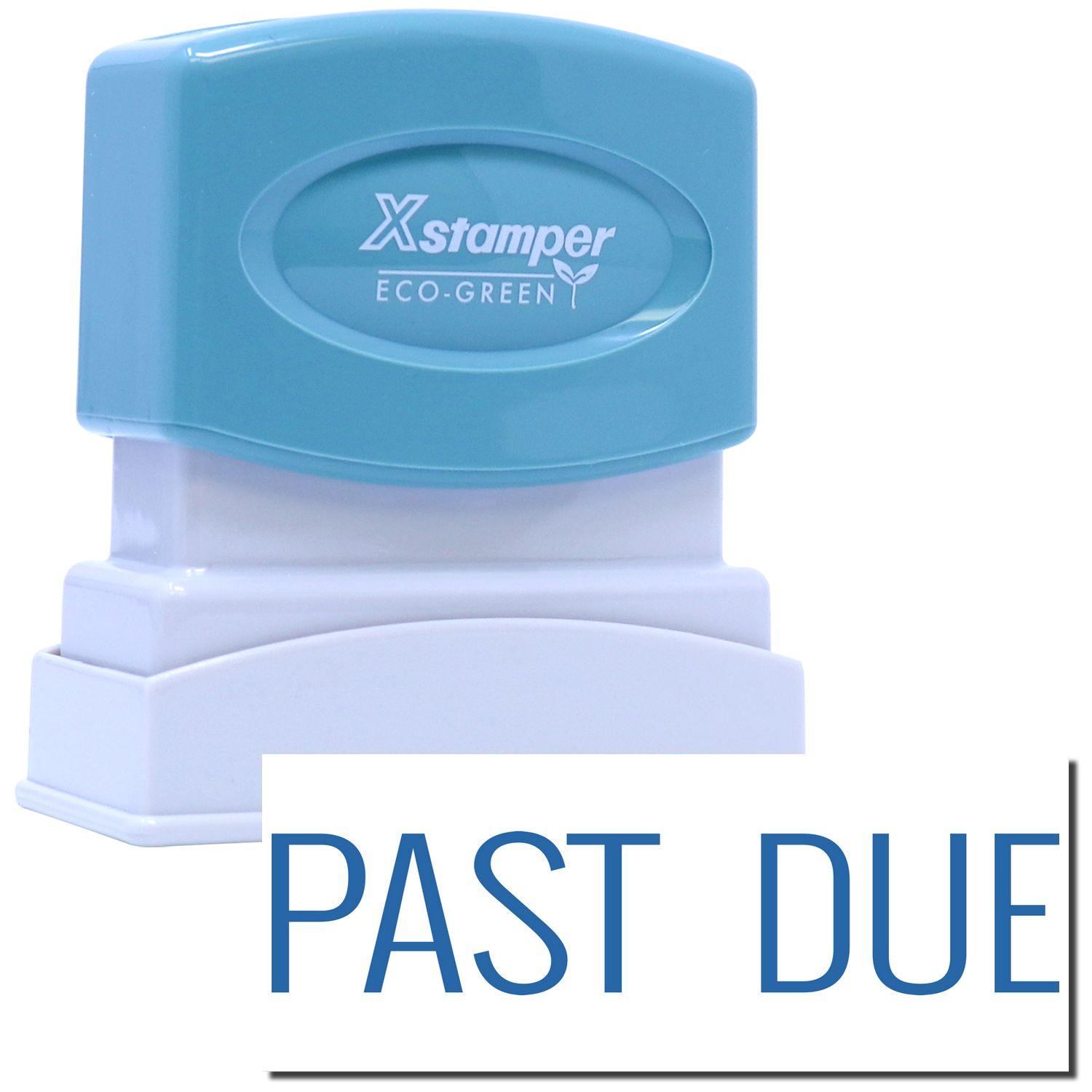 Blue Past Due Xstamper Stamp with PAST DUE text in blue, featuring a blue and white design and eco-friendly label.