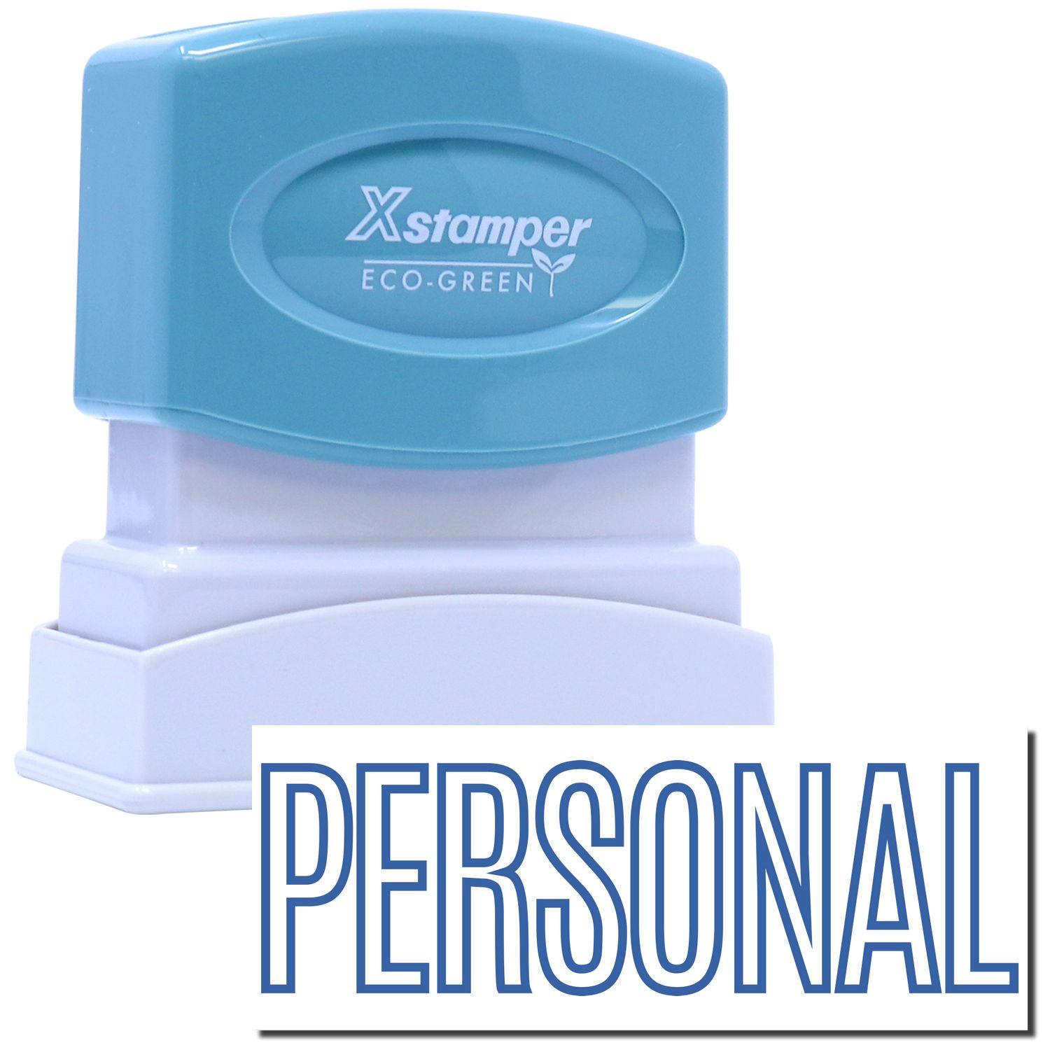 An xstamper stamp with a stamped image showing how the text "PERSONAL" in a blue outline font will display after stamping.