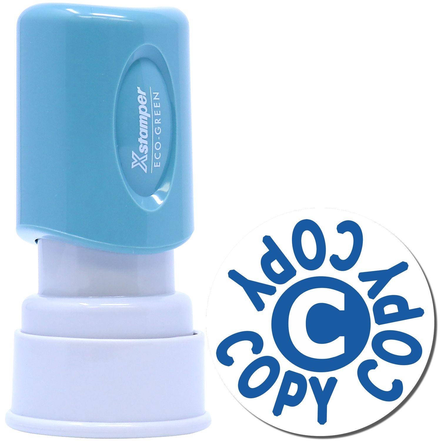Round Blue Copy Xstamper Stamp with a blue handle and white base, showing the COPY imprint in blue letters.