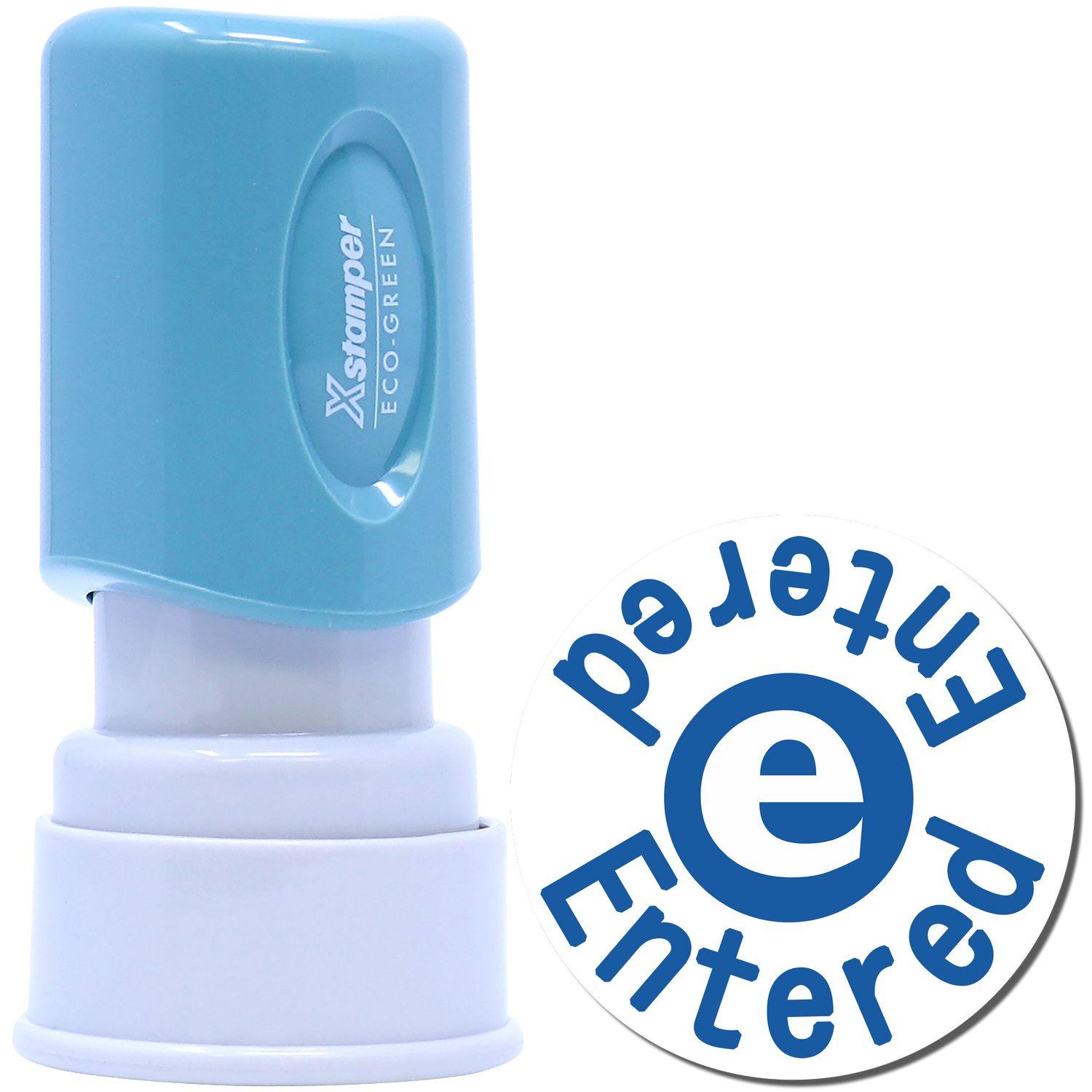 Round Blue Entered Xstamper Stamp with a blue handle and a circular Entered imprint featuring a lowercase e in the center.