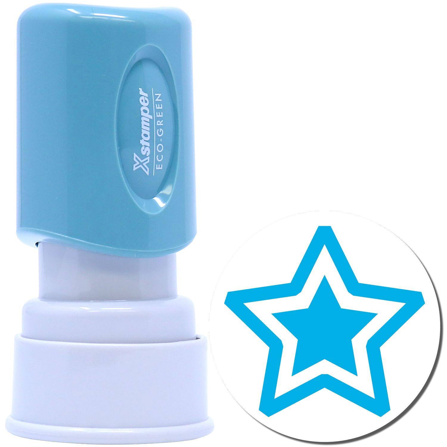 Round Blue Star Xstamper Stamp with a blue casing and white base, featuring a blue star design imprint.