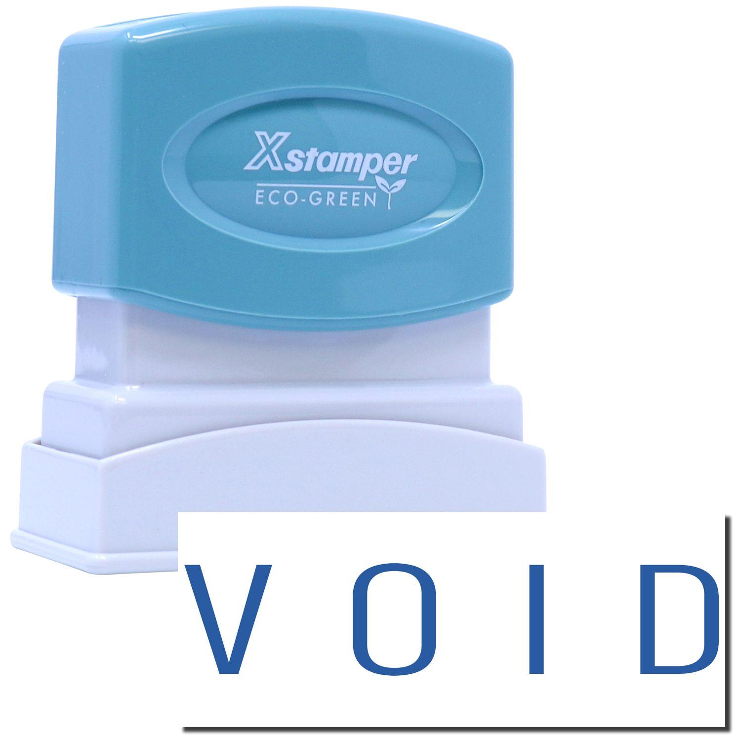 Blue Void Xstamper Stamp with a blue top and white base, featuring the word VOID stamped in blue letters below the product.