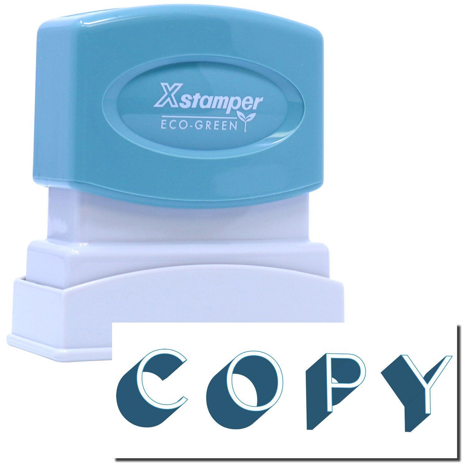 Bold Blue Copy Xstamper Stamp with a blue top and white base, showing the word COPY stamped in bold blue letters.
