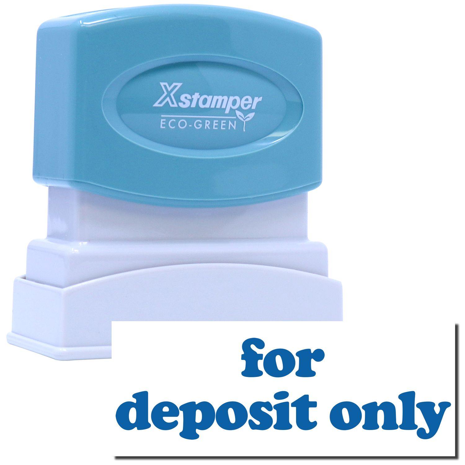 Bold Blue For Deposit Only Xstamper Stamp with blue text for deposit only on a white background.