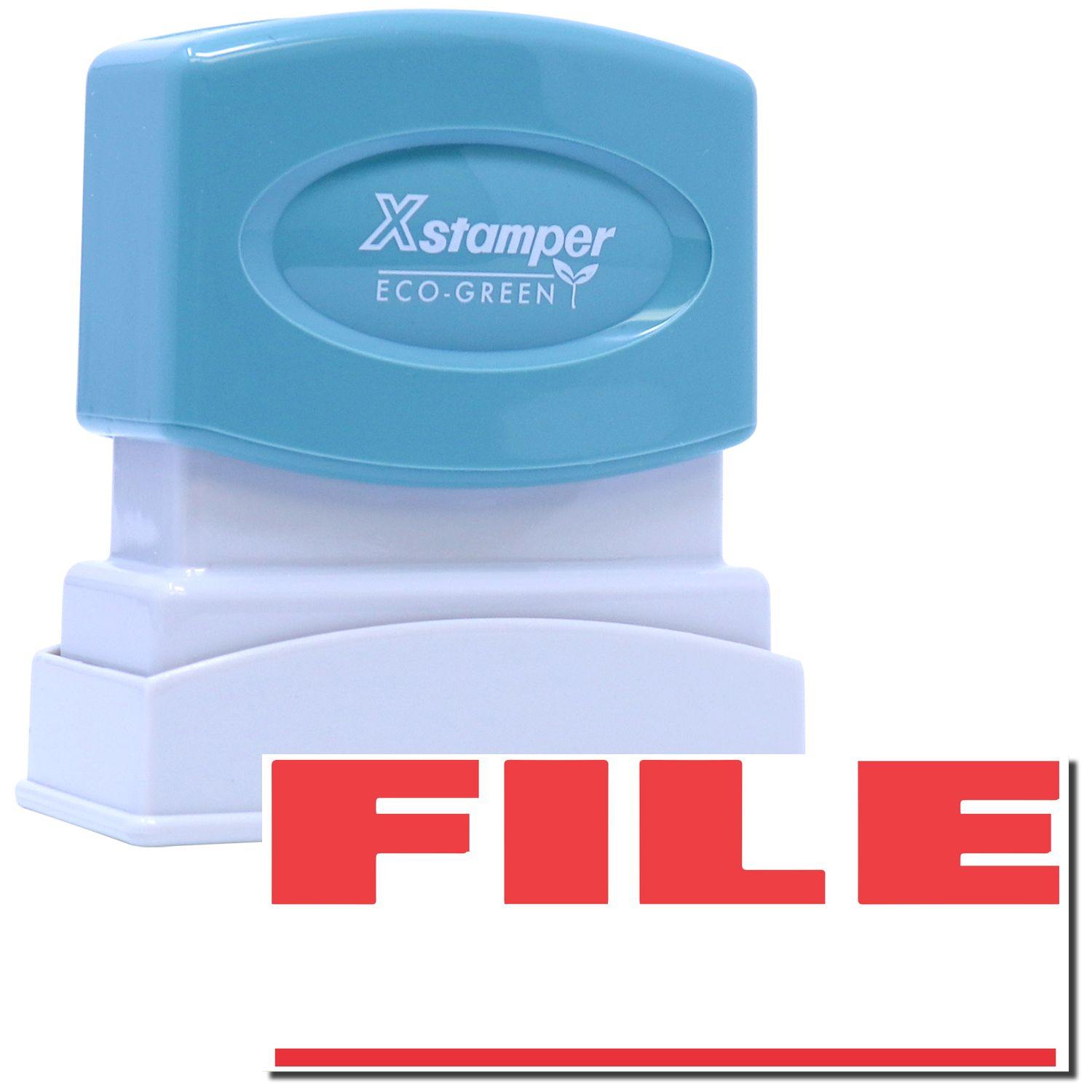 Bold Red File Xstamper Stamp with a blue handle and white base, featuring a red FILE imprint below the stamp.