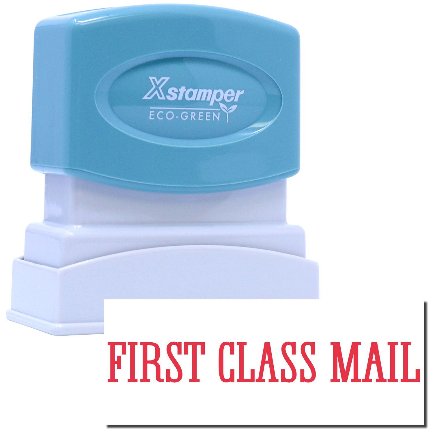 Bold Red First Class Mail Xstamper Stamp with blue top and white base, imprinting FIRST CLASS MAIL in red text.