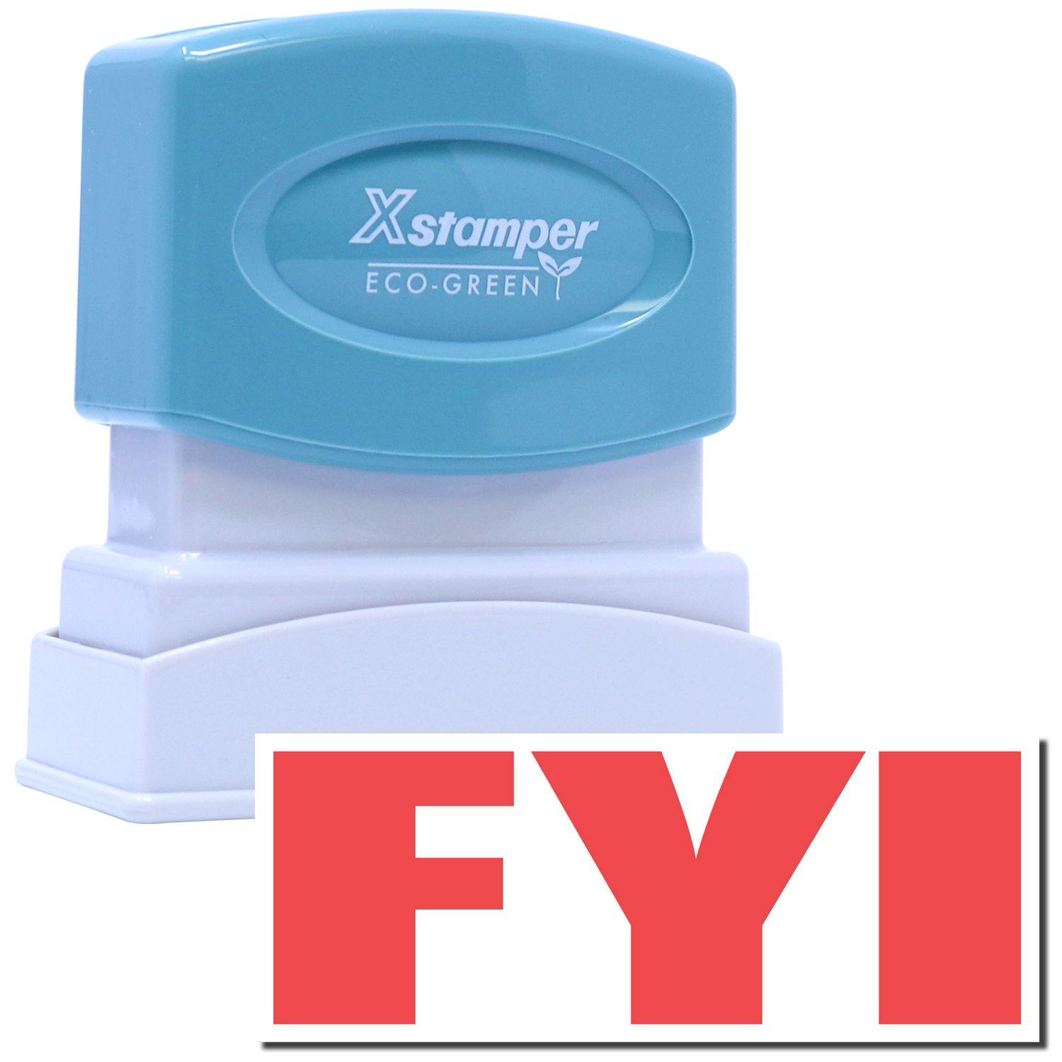 Bold Red FYI Xstamper Stamp with a turquoise handle and white base, featuring a large red FYI imprint below the stamp.