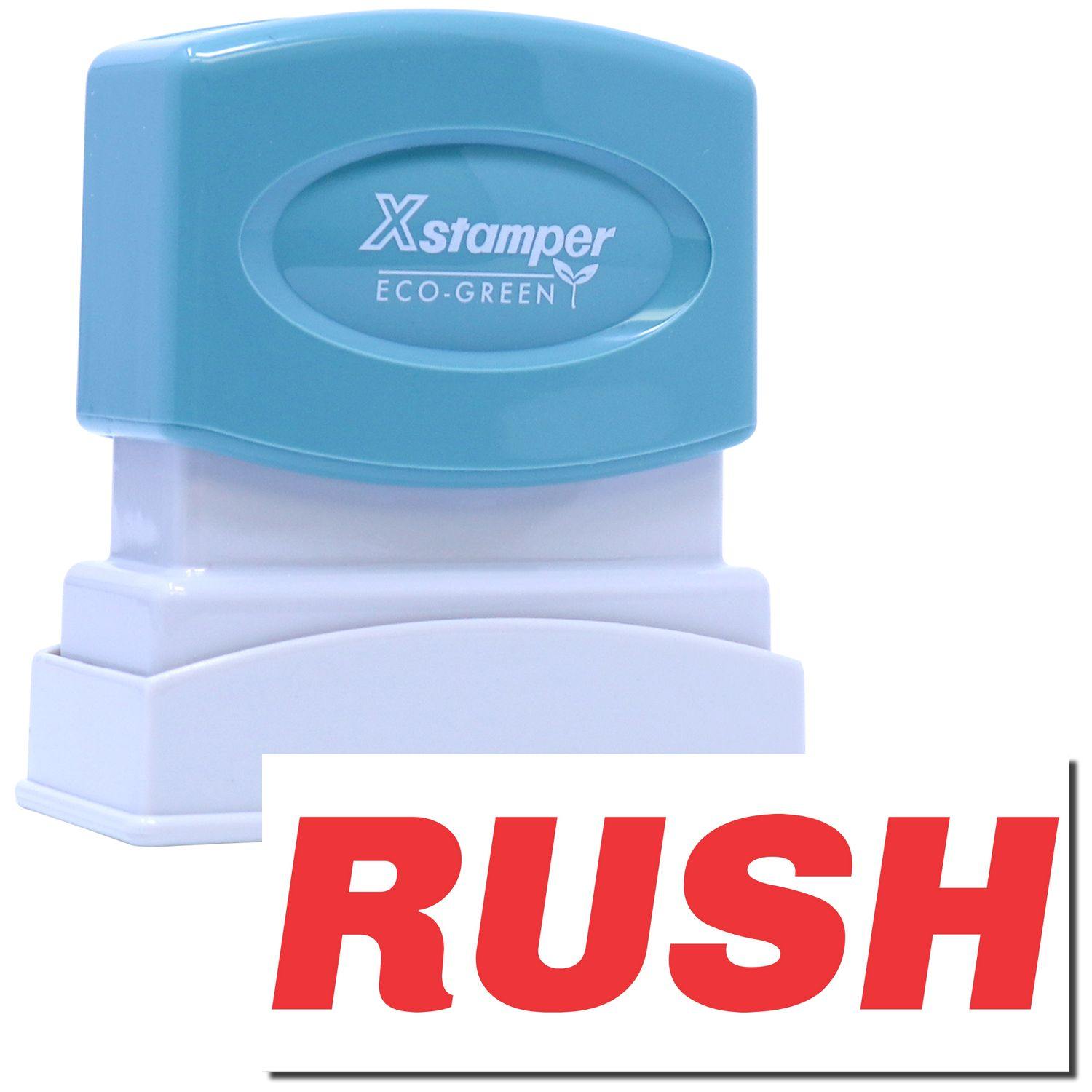 Bold Red Rush Xstamper Stamp with a teal top and white base, featuring the word RUSH in bold red letters.