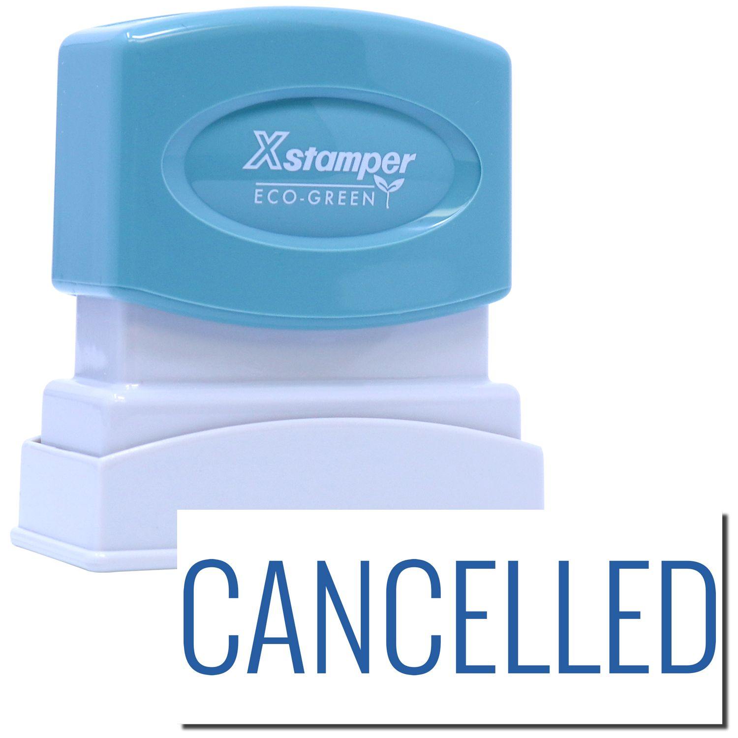 Cancelled Xstamper Stamp with blue handle and white base, displaying the word CANCELLED in bold blue letters on a white background.