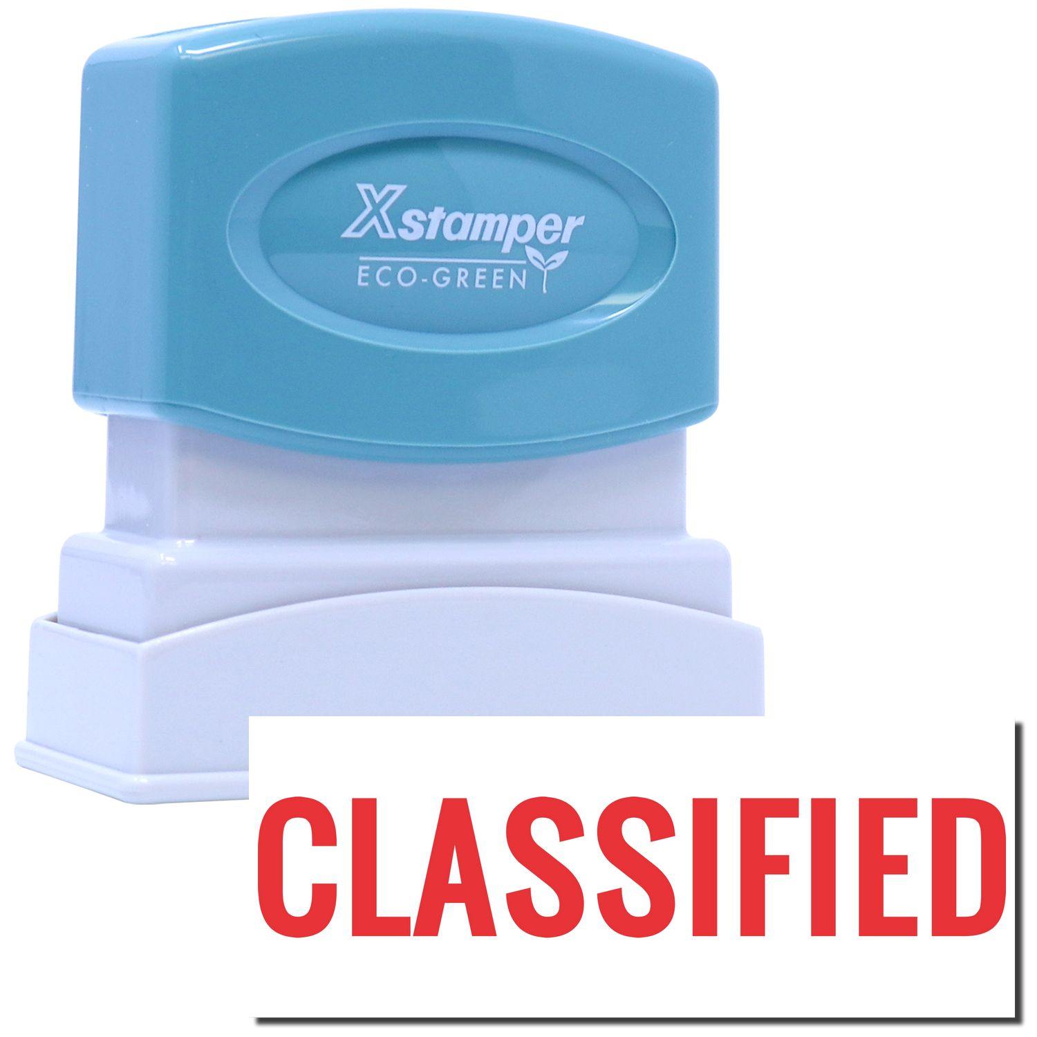 Classified Xstamper Stamp with a blue handle and white base, featuring the word CLASSIFIED in bold red letters on the stamp impression.