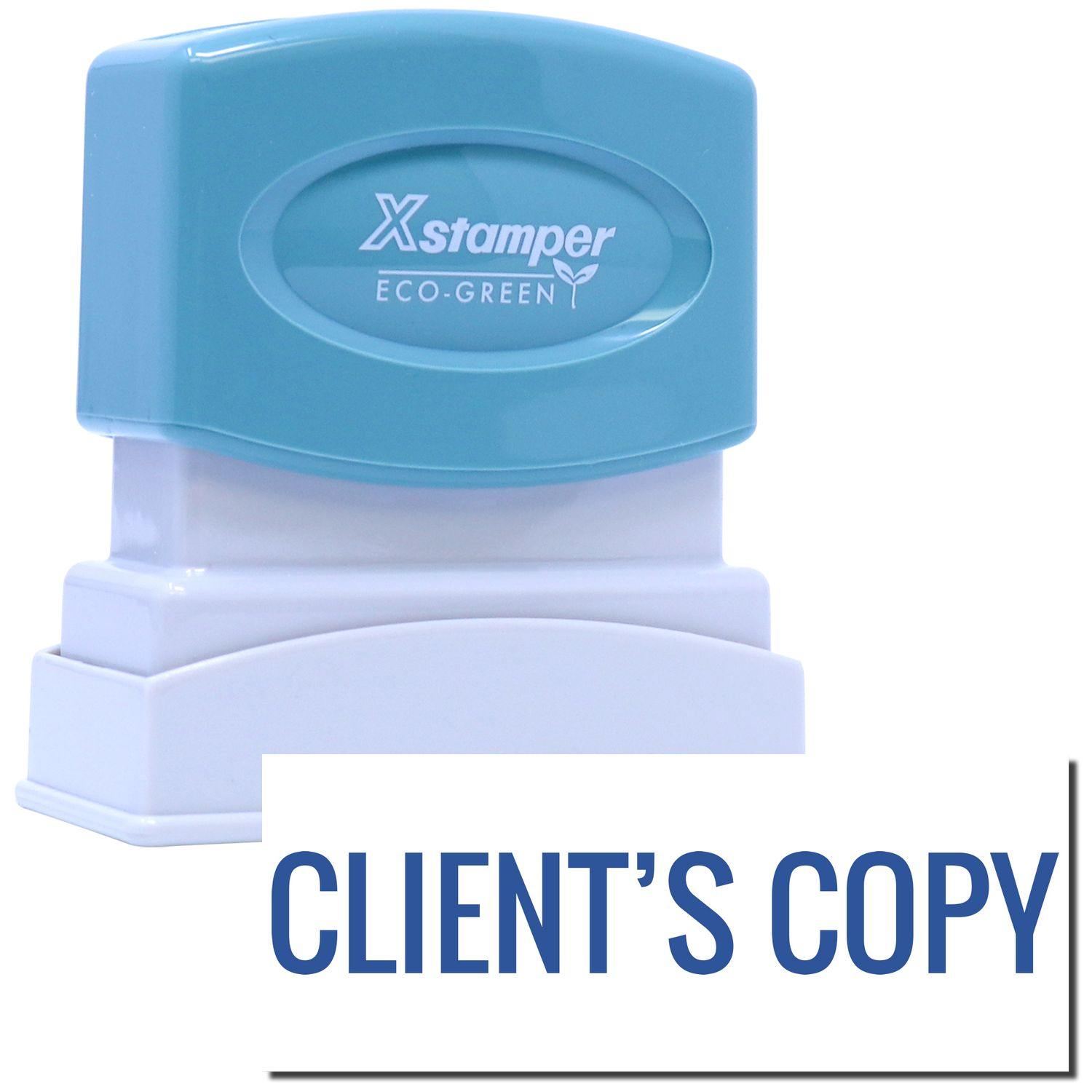 Blue and white Client's Copy Xstamper Stamp with CLIENT'S COPY text in bold blue letters on a white background.