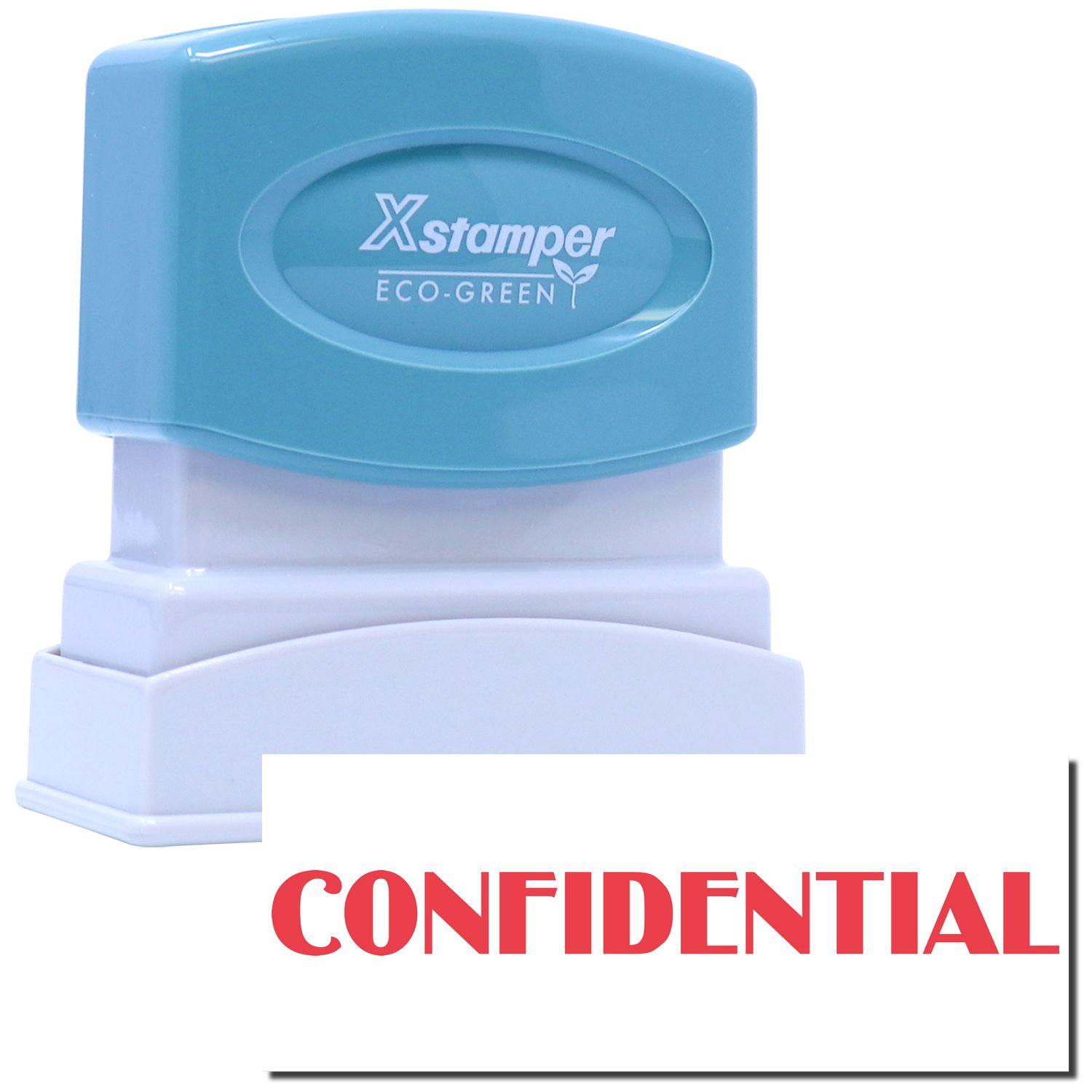 Confidential Xstamper Stamp with a blue handle and white base, imprinting the word CONFIDENTIAL in red on a white background.