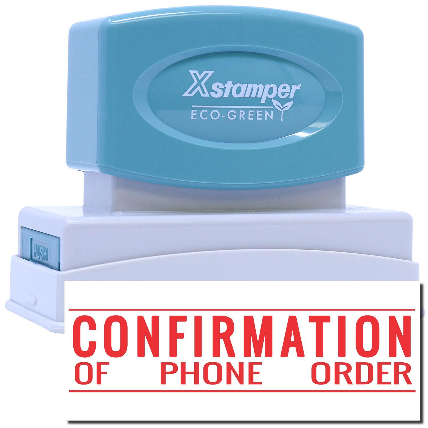 Jumbo Confirmation Of Phone Order Xstamper Stamp with a blue handle and white base, showing a red CONFIRMATION OF PHONE ORDER imprint.