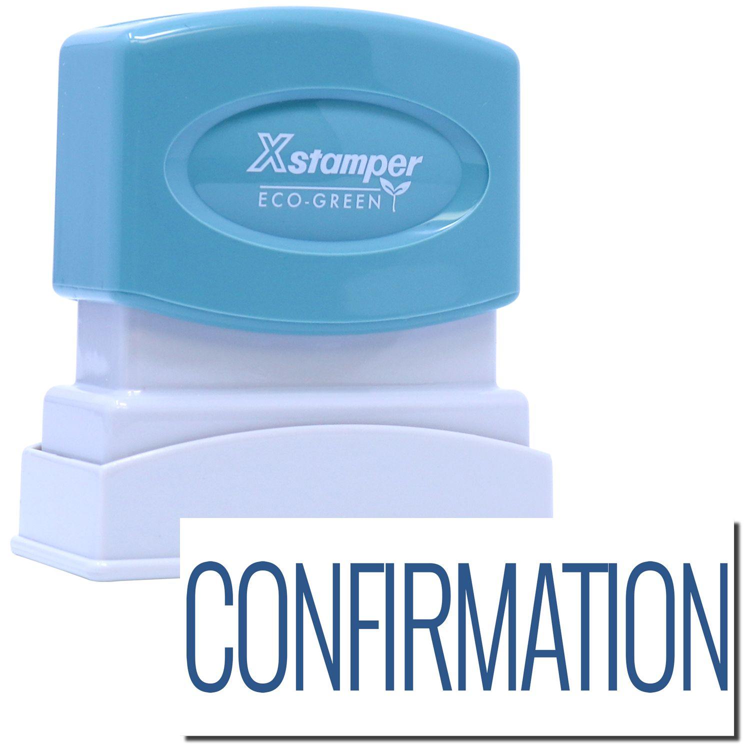 Confirmation Xstamper Stamp with a blue top and white base, featuring the word CONFIRMATION in bold blue letters below the stamp.