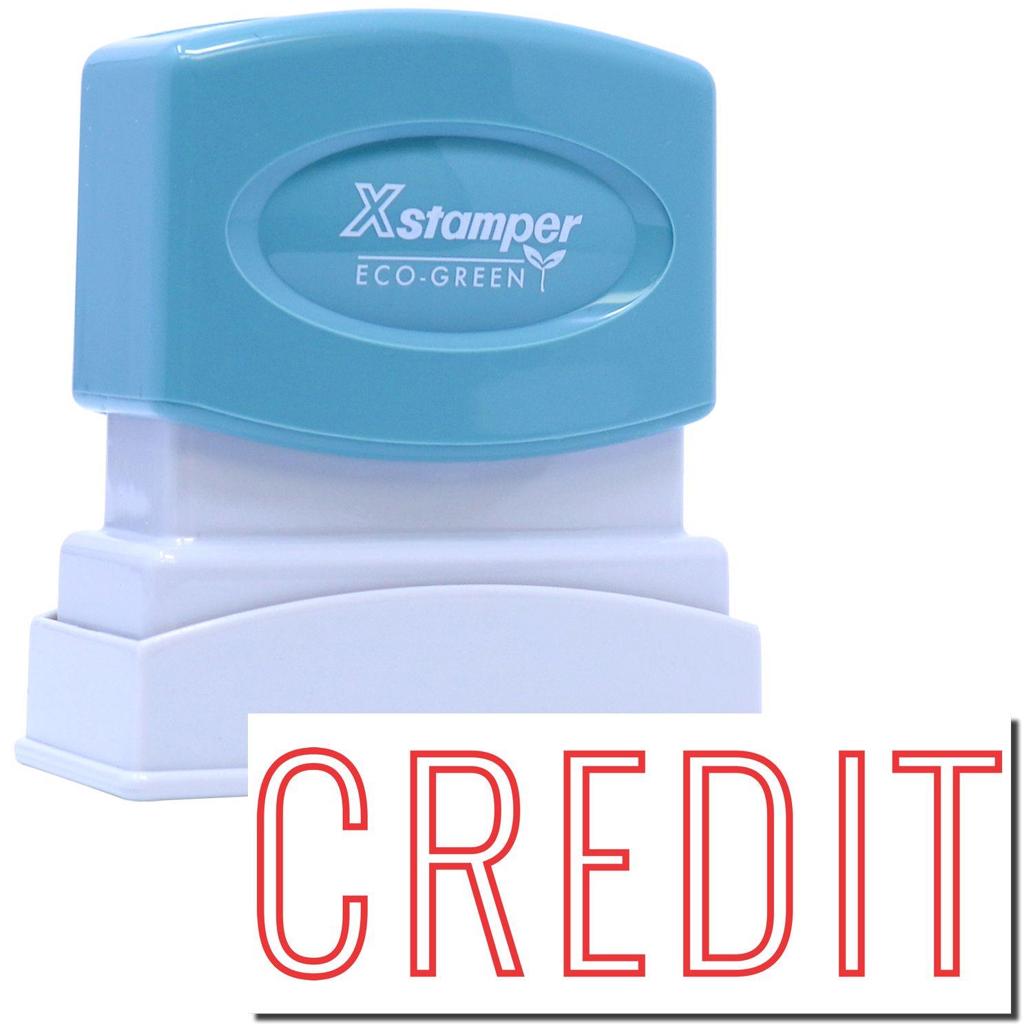 Credit Xstamper Stamp with a blue top and white base, featuring the word CREDIT in bold red letters below the stamp.